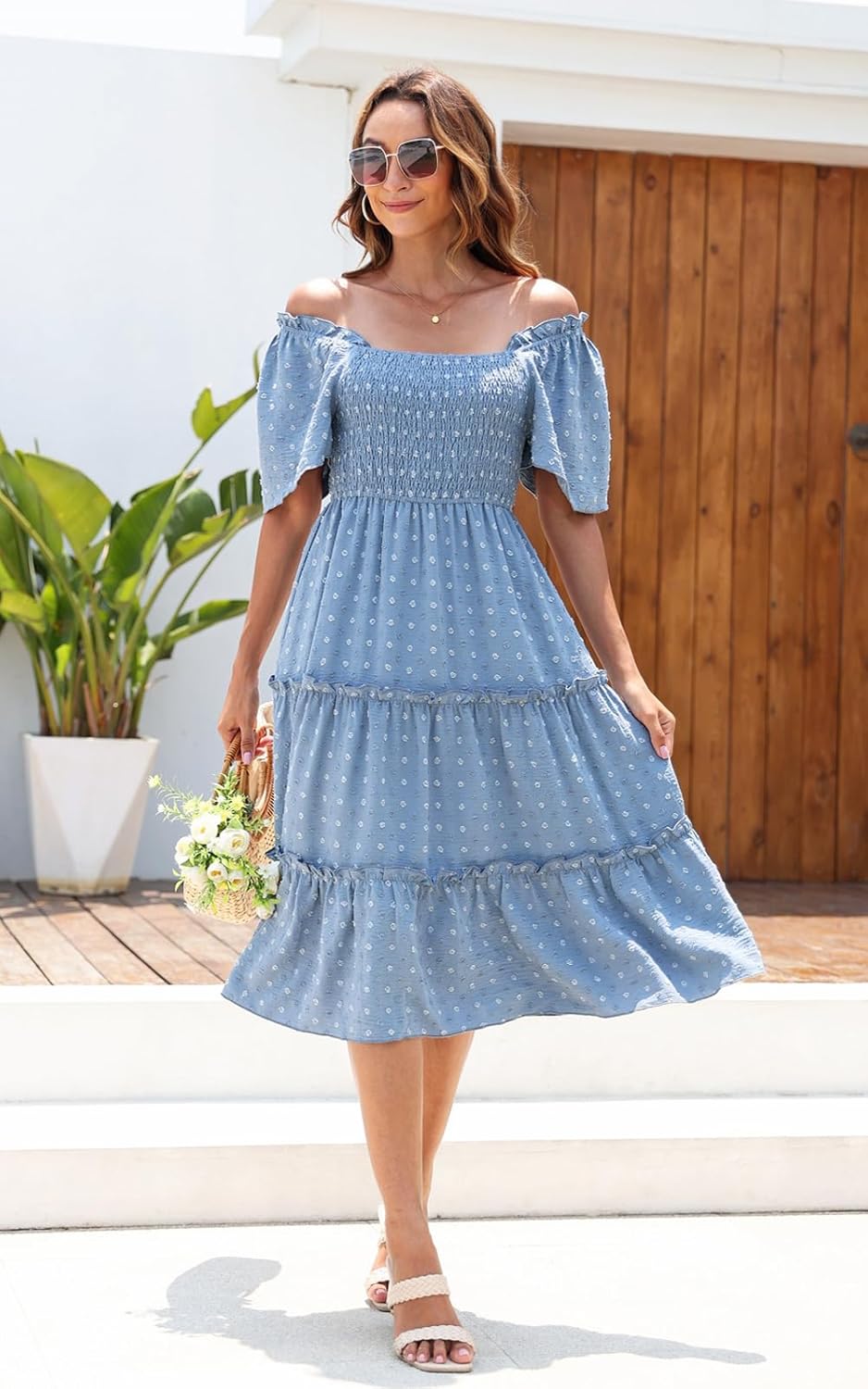 Women's Casual Summer Dress 2026 Square Neck Flutter Sleeve Smocked Tiered Midi Dress Swiss Dot Boho Flowy Dresses - Image 4