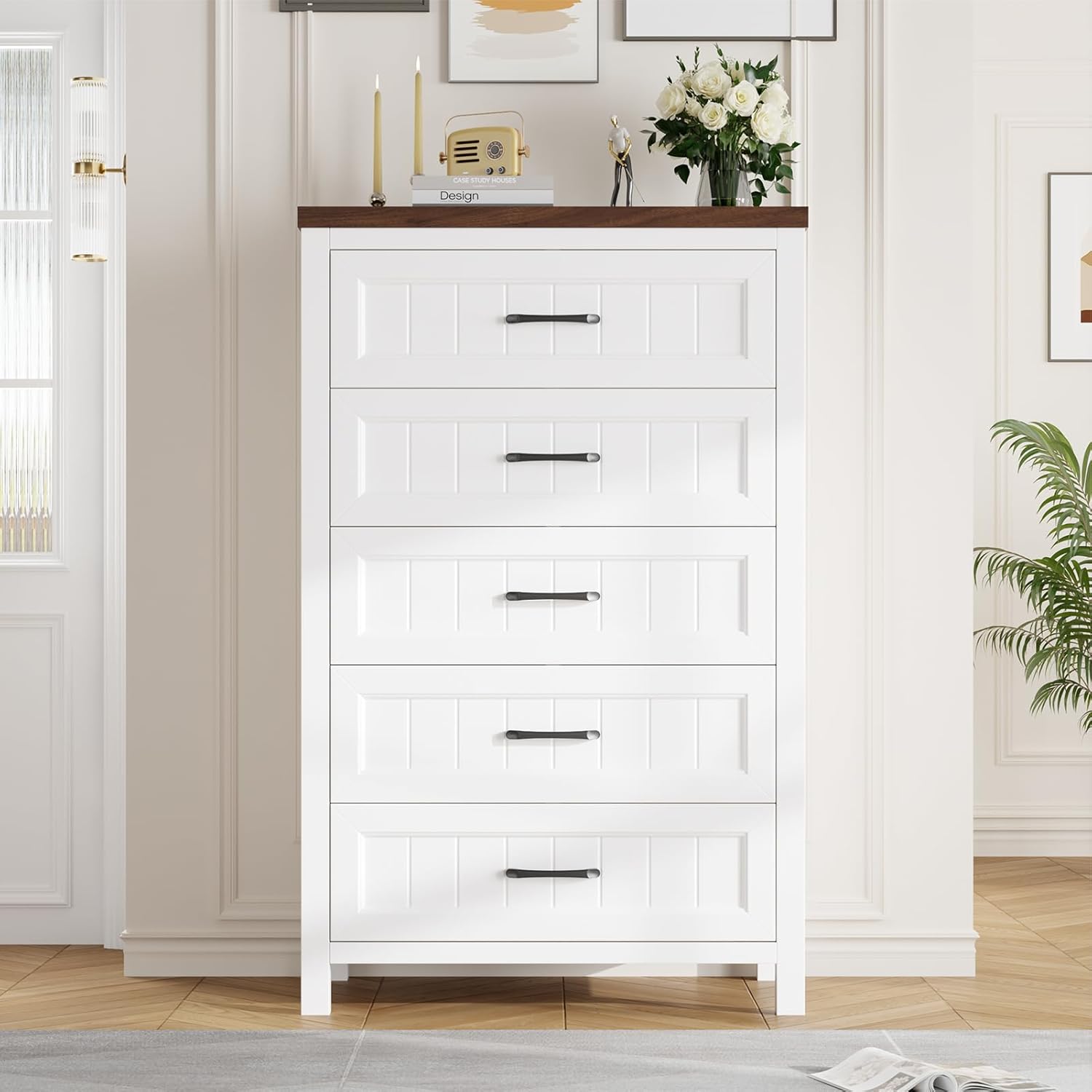 5 Drawer Dresser for Bedroom – Farmhouse 44.9″ Tall Chest of Dresser with Large Storage, Rubst Wood Construction for Living Room, Hallway & Entryway – White (White & Brown)
