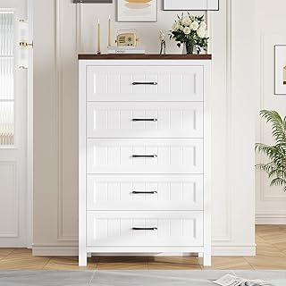 5 Drawer Dresser for Bedroom - Farmhouse 44.9" Tall Chest of Dresser with Large Storage, Rubst Wood Construction for Living Room, Hallway & Entryway - White (White & Brown)