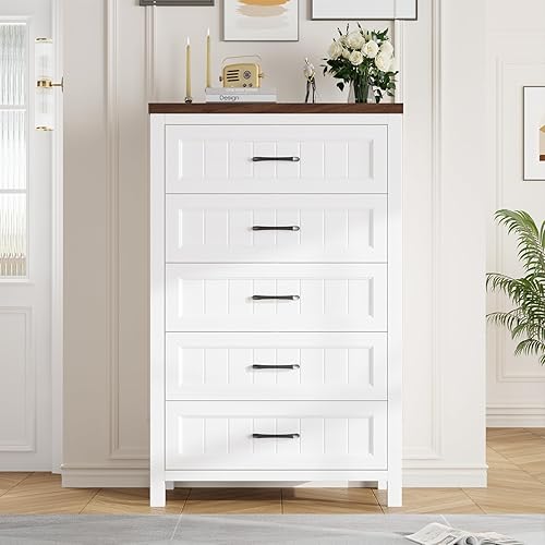5 Drawer Dresser for Bedroom - Farmhouse 44.9" Tall Chest of Dresser with Large Storage, Rubst Wood Construction for Living Room, Hallway & Entryway - White (White & Brown)