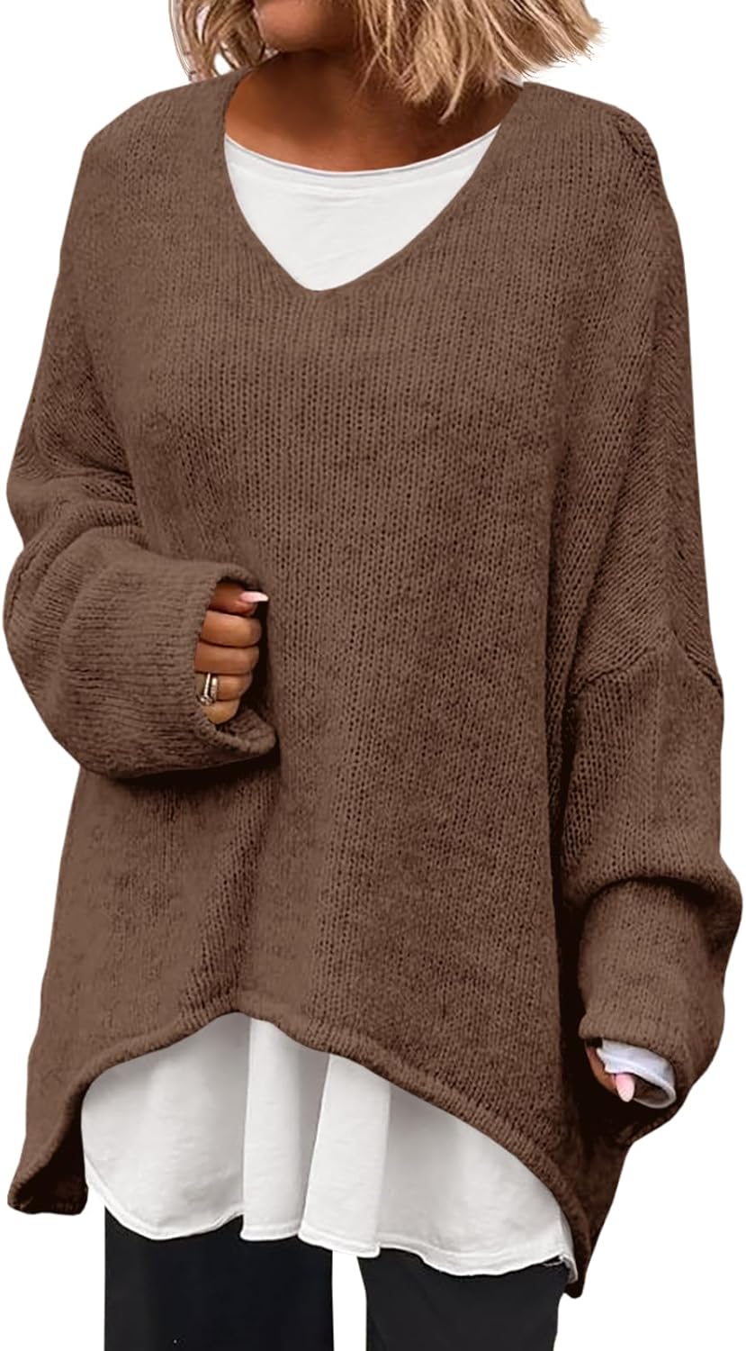 Saodimallsu Womens Oversized V Neck Sweaters Batwing Long Sleeve Knit Fall Slouchy Pullover Sweater Tops