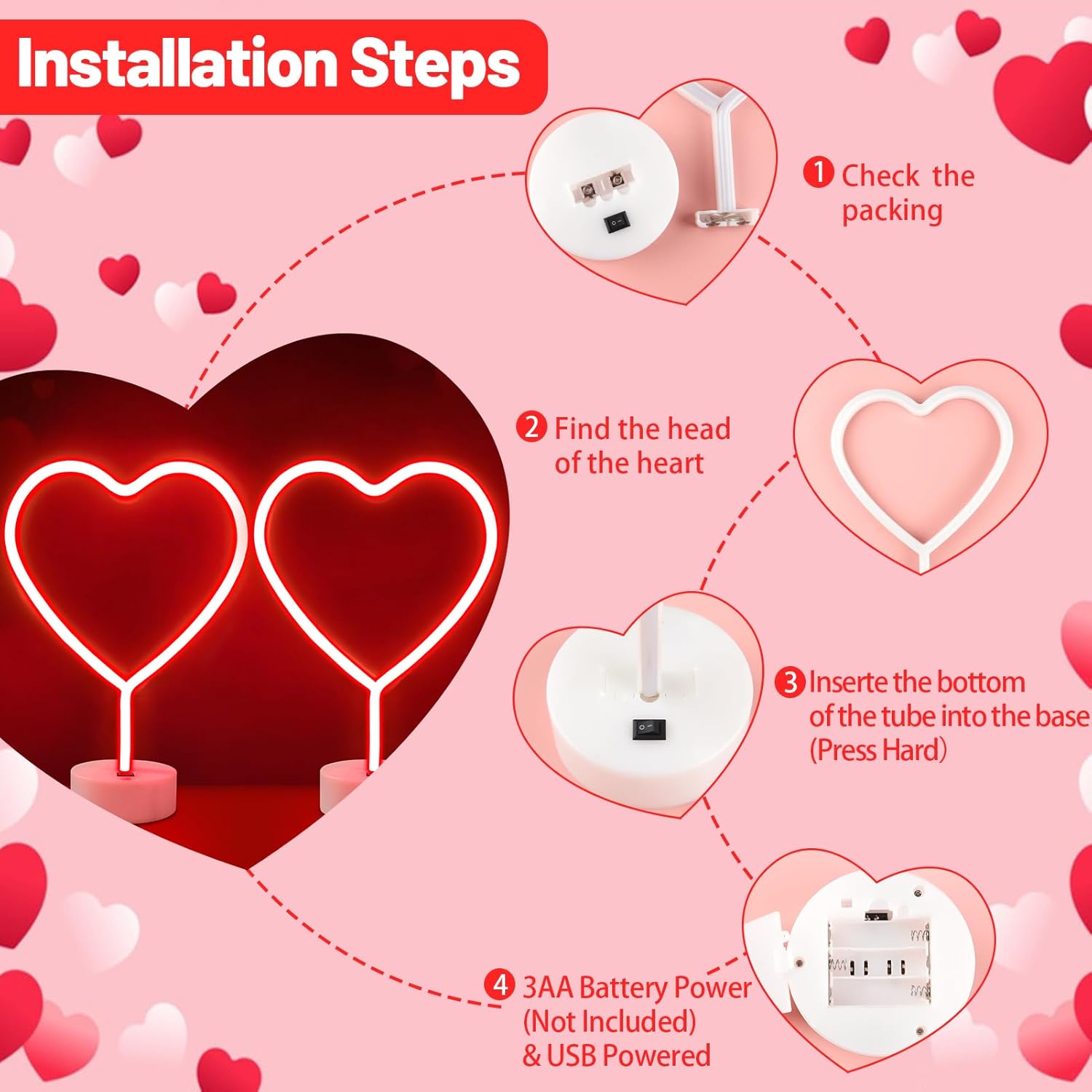 BRIGHTDECK 2 Pack Heart Neon Signs, LED Lights Battery Operated or USB Powered Decoration Lamp, Neon Lights Decor for Valentine's Day Gifts, Wedding, Party, Pink Room Decor (Red Heart)