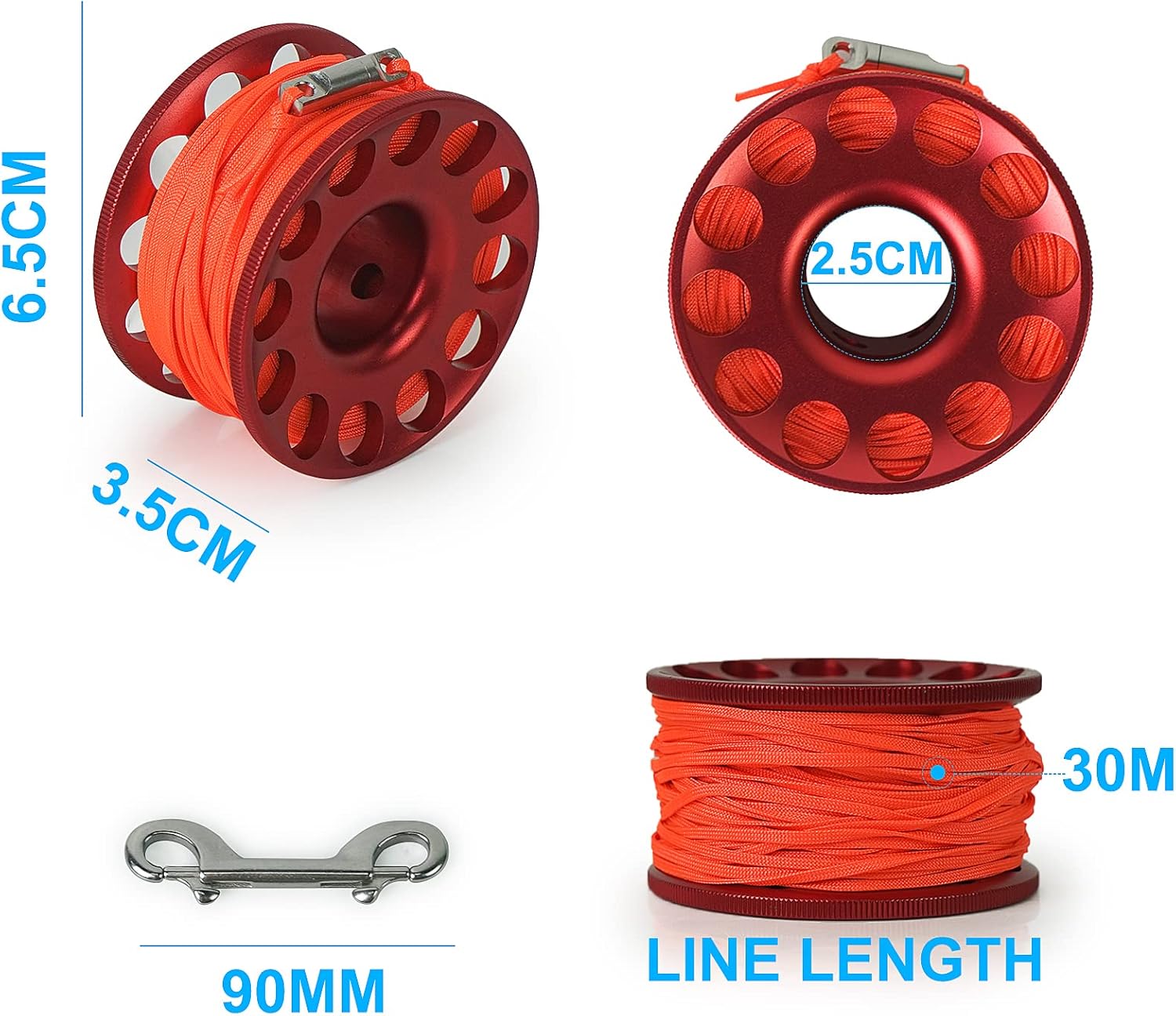 Luwint Surface Marker Buoy with Finger Reel Set, 5ft Hi-Visibility Open Bottom Signal Tube Safety Sausage with 98ft Al Alloy Spool Reel and Double-ended Snap Kit for Wreck Cave Tech Dive Snorkeling