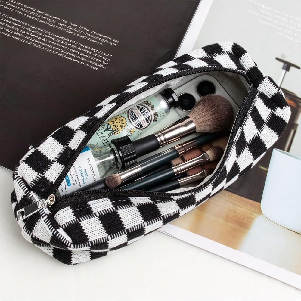 4Pcs Checkered Pouch Makeup Bag Set, Large Portable Travel Cosmetic Case for Women Capacity Canvas Zipper Toiletry Bag Organizer Small Mini Cute Makeup Brushes Aesthetic Accessories Bag image 4