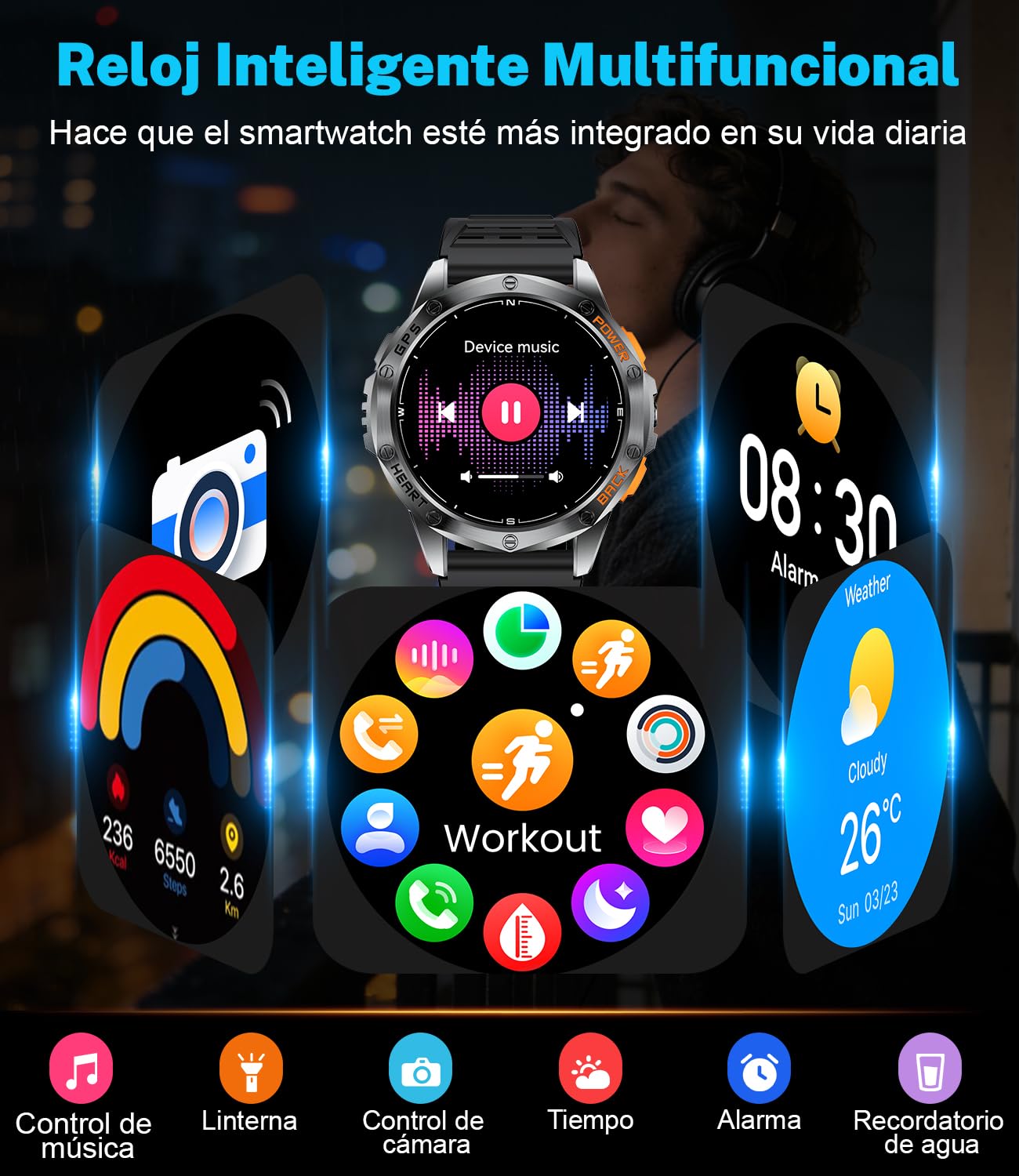 LIGE Reloj Inteligente Hombre con GPS, Brújula/Altitud/Barómetro, Linterna, Pantalla AMOLED 1,43", Batería de 20 Días, 5ATM, Llamadas Bluetooth y Monitor de Salud para Android e iOS,DM1-H