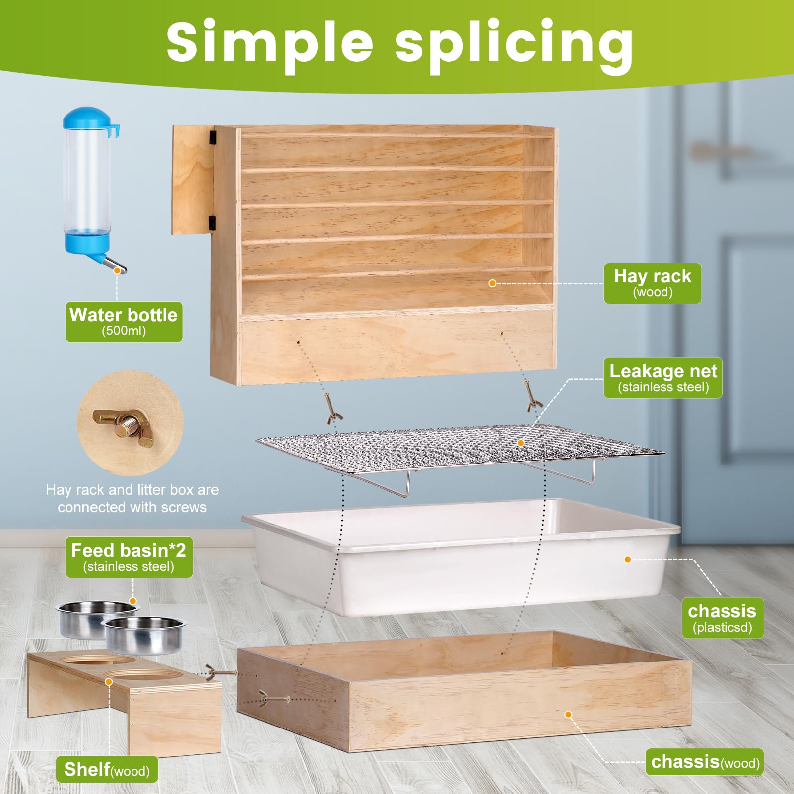 4 in 1 Groß Heuraufe Kaninchen Holz Futterspender Heu Kaninchen mit Katzentoilette Wasserflasche Futternäpfe für Hamster Hölzerner Hasenfutterautomat Heuhaltergestell für kleine Haustiere