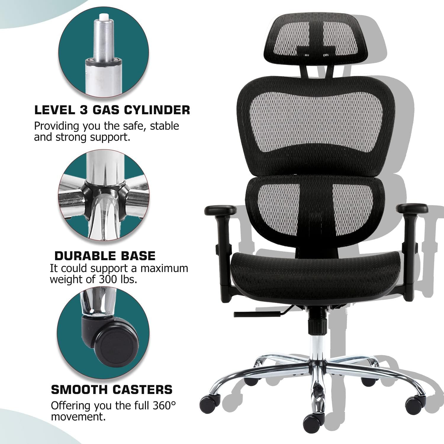 Ergonomic Office Chair, Large High Back Computer Chair, Mesh Home Desk Chair with Dynamic Lumbar Support, Tilt and Lock, Rolling Executive Swivel Task Chair with 3D Adjustable Headrest and Armrests : Home & Kitchen