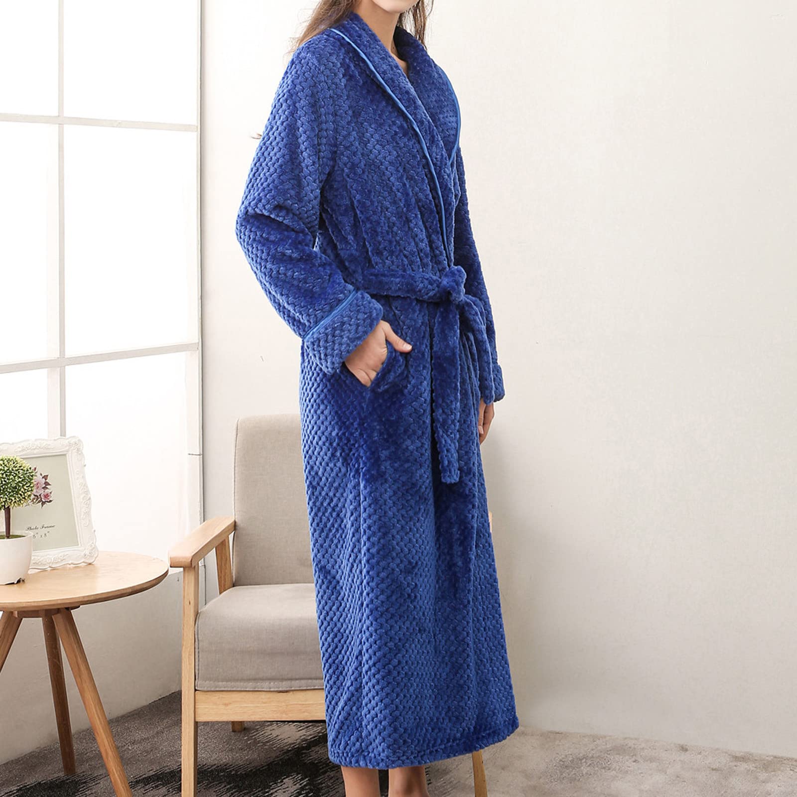 Albornoz largo sin capucha para mujer, traje de casa para mujer, cálido, bata con bolsillos, bata de casa, monocolor, albornoz para sauna, extra largo, cómodo, camisón suave, pijama con cinturón