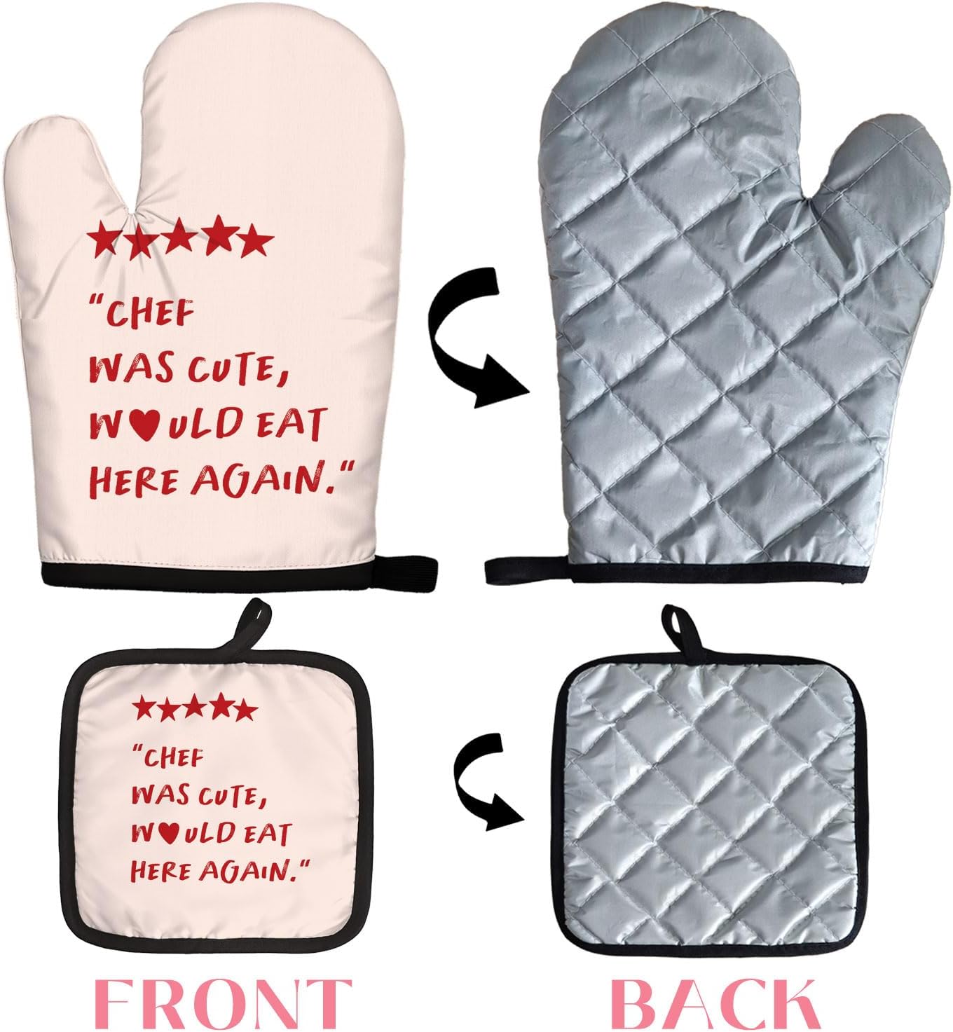 Chef was Cute Would Eat Here Again Oven Mitts and Pot Holders Sets, Funny Chef Gifts for Women, Trendy Pink Heat Resistant Oven Gloves Hot Pads for Kitchen Decor