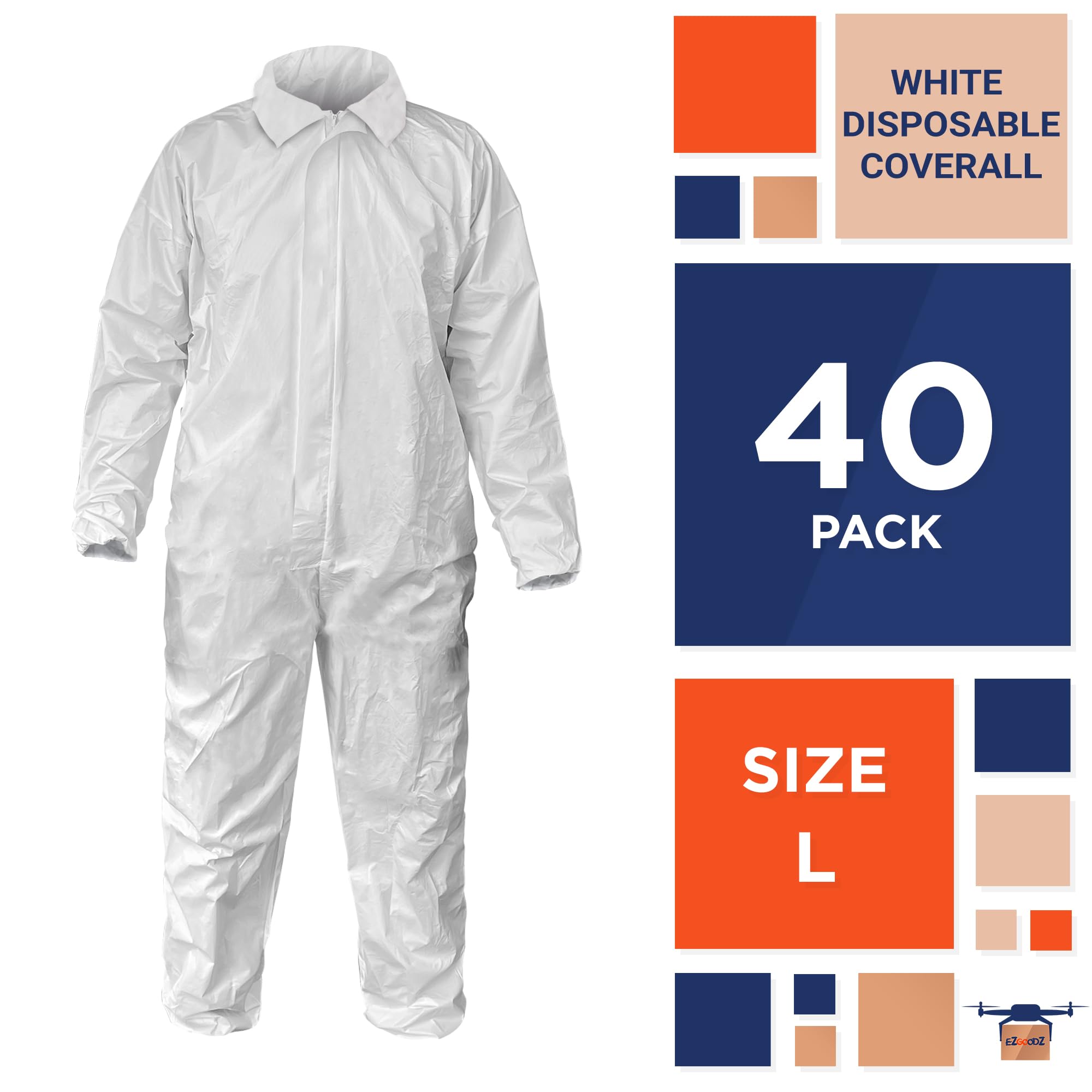 EZGOODZ Disposable Coveralls, White Large 66 Inch Microporous