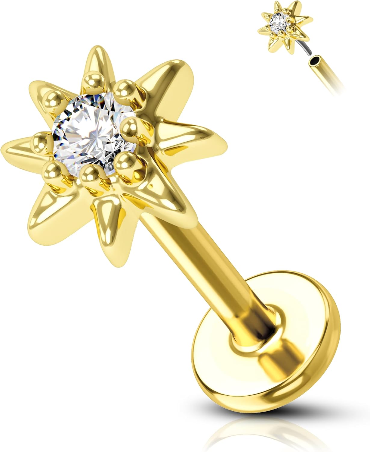 COCHARM 14K Solid Gold Threadless Burning Sun Helix Cartilage Earring Stud Flat Back Tragus Earrings 16g Helix Cartilage Piercing Yellow Gold Push Pin 8mm 6mm Tragus Piercing Jewelry