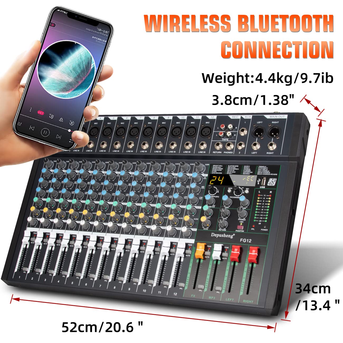 Depusheng FG12 - Mixer audio professionale a 12 canali per la registrazione del computer, interfaccia controller audio, mixer da studio 24 DSP integrato con alimentazione phantom da 48 V,Bluetooth