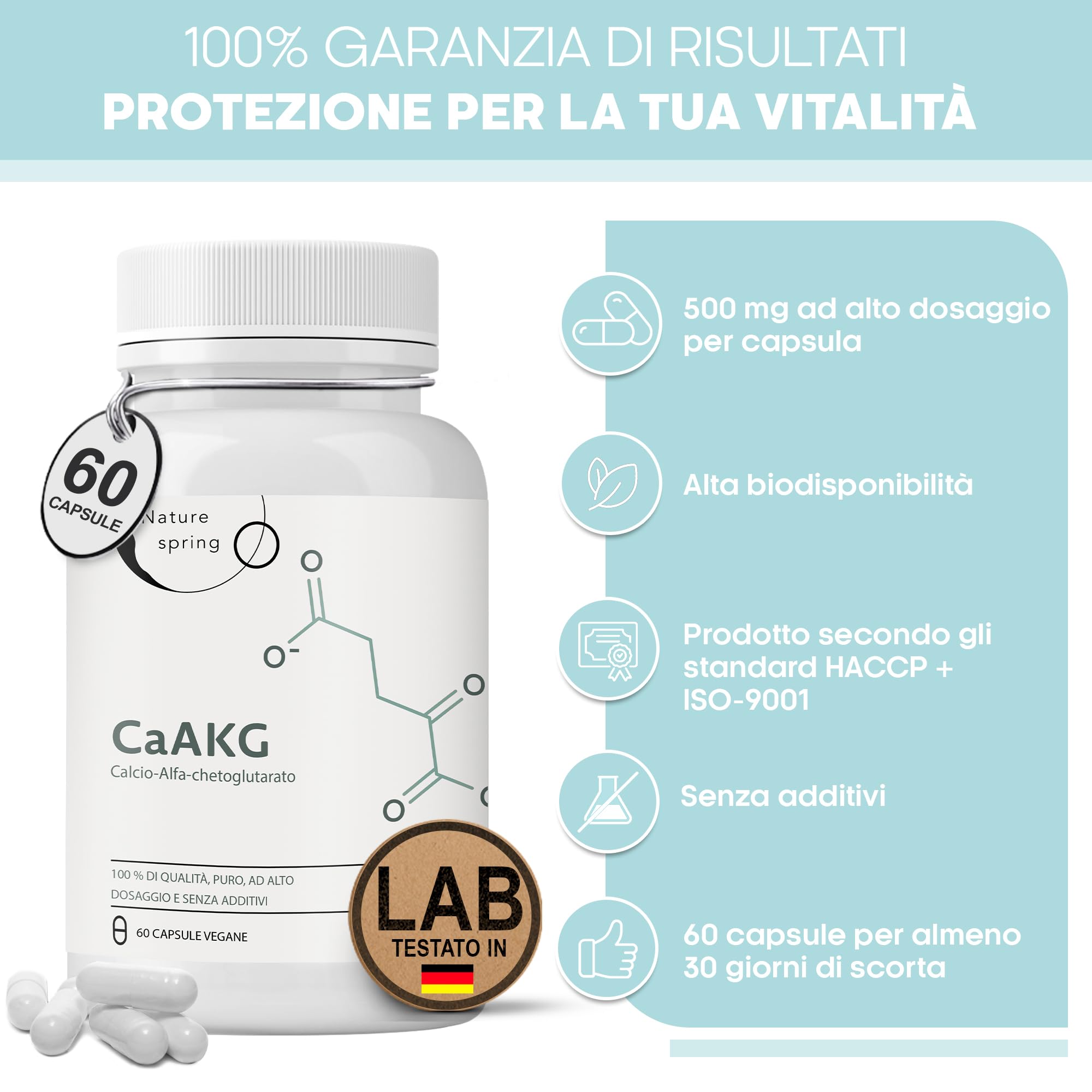 CaAKG | Calcio Alfa-chetoglutarato | 60 capsule | alta dose | 1000 mg | CaAKG di alta qualità senza additivi
