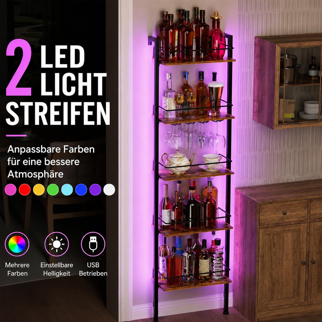 Yorbay 5-Stöckiges Freistehendes Weinregal mit LED-Beleuchtung | Industriestil Flaschenregal mit Glashaltere und Geländer - Schmal Weinständer mit Wandmontage für Küche Esszimmer Bar