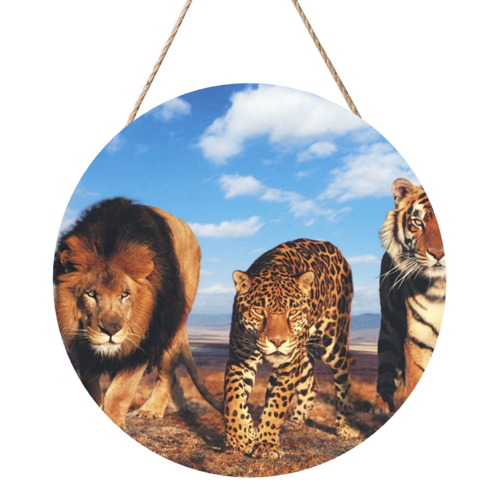InOmak Lion Leopard And Tiger Fight For Food Printed, Round Wood Panel Painting 12 in, Wall Hanging Painting For Home