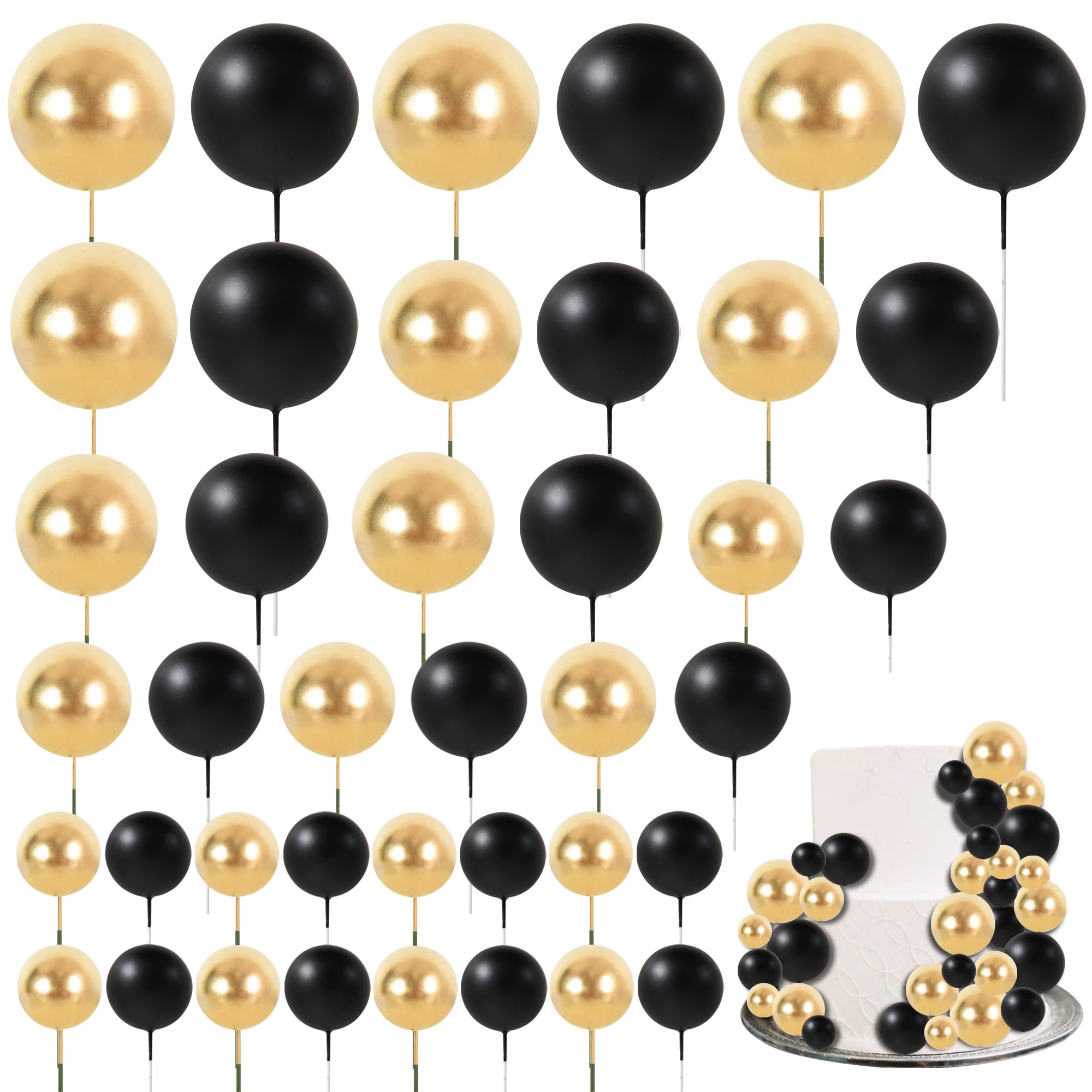 RIBBOOO 40 Pcs Ball Cake Toppers Insert Balls Cake Decorations Foam Balls Cake Toppers DIY Cake Ornament for Christmas Birthday Baking Graduation Anniversary and Wedding Party (Black Gold)