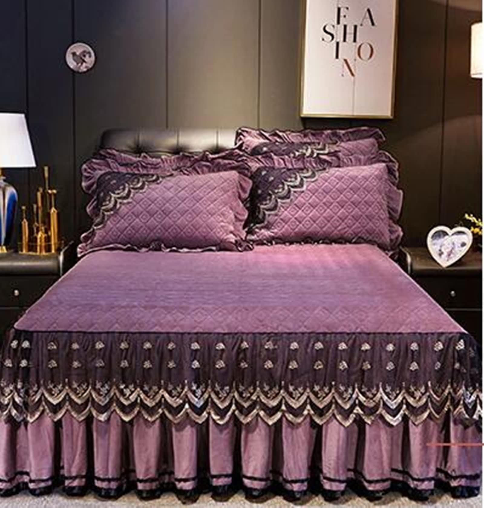 3-częściowy zestaw pościeli California King z gumką, poliester z gumką, jednolity kolor z haftowanym wzorem koronki, 178 x 218 cm + 2 poszewki na poduszki, jasnofioletowy