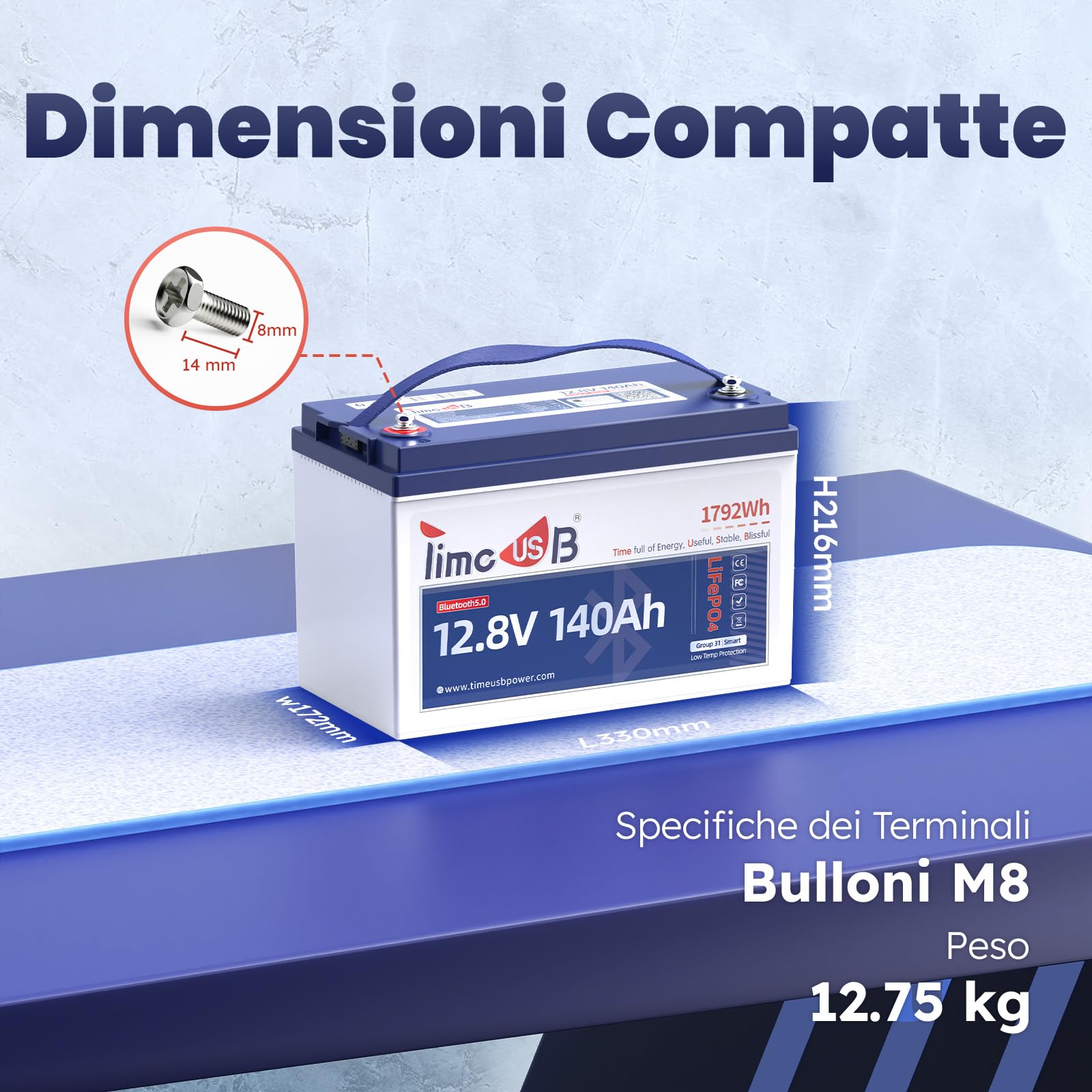 Timeusb Bluetooth 12V 140Ah Batteria LiFePO4,150A BMS,Batteria Litio con Protezione Contro le Basse Temperature,Potenza 1920W,1792Wh di Energia per Camper,Barca,Trolling Motor,Solare e Off-Grid