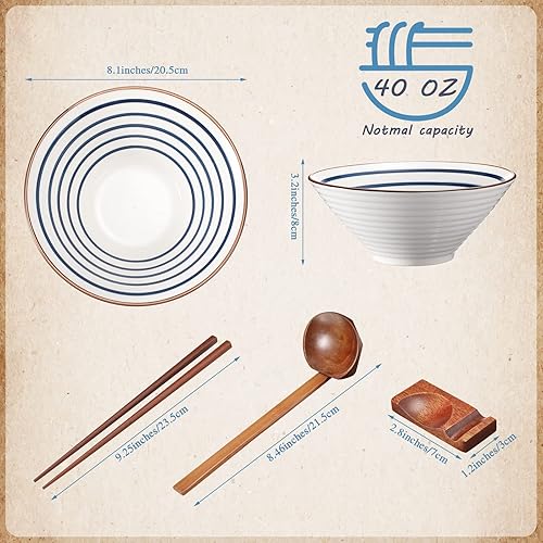 Miniatura 2 de Zopeal Juego de 4 tazones de cerámica para ramen de 40 onzas con palillos, cucharas y estantes de cerámica asiática para sopa Udon Soba Pho, fideos