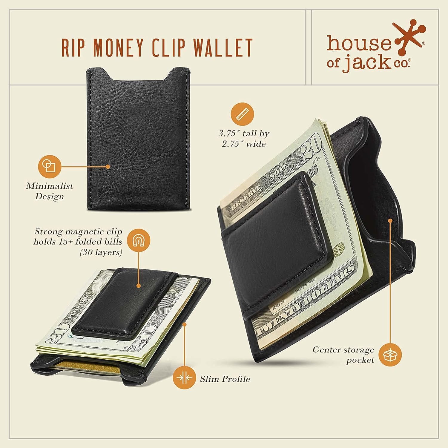 House of Jack Co. Rip Magnetic Money Clip Wallet for Men, Slim Front Pocket Leather Wallet With Gift Box, Full Grain Cowhide Card Holder, Black - Image 5