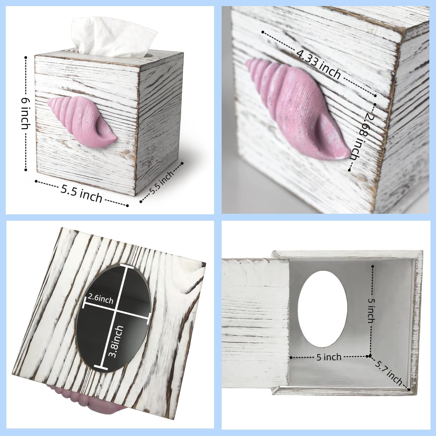 Coastal Tissue Box Cover Wooden Retro with Sliding Bottom Panel Beach Decor for Bathroom Bedroom Living Room,Conch Decor Suitable for Coastal Gifts Beach House Gifts