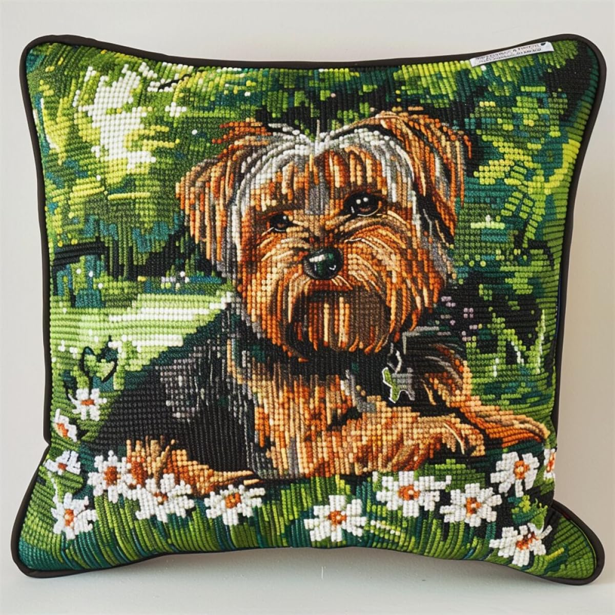 Kitquiver Latch Hook Craft Kits Yorkshire Terrier Animal and Flowers DIY Latch Hook Kit Cushion Home Decor Embroidered Pillow Kits,Beginner Adult Embroidery Set 17x17In
