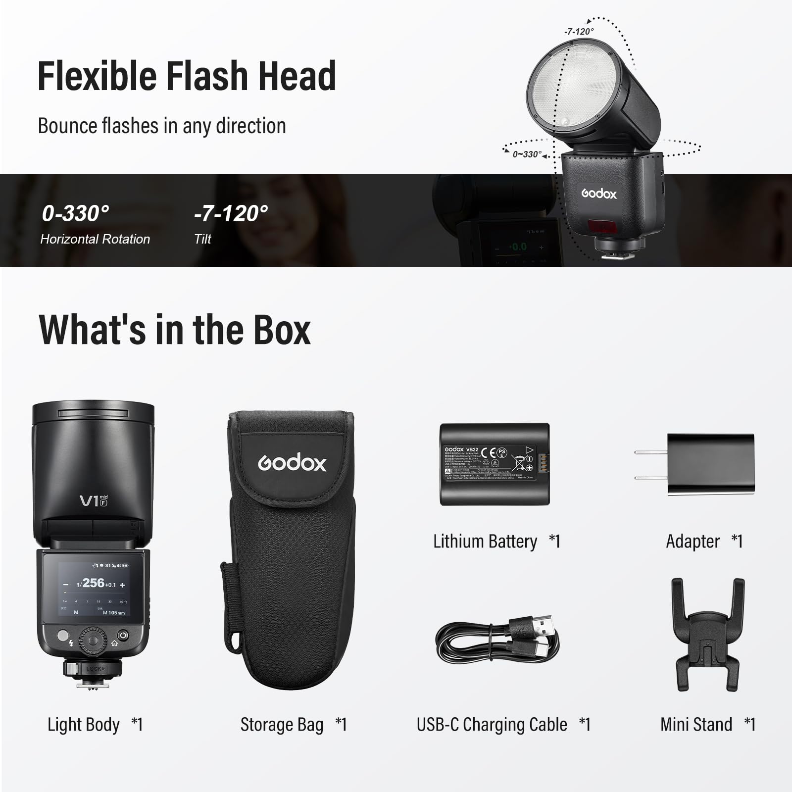 Godox V1 Mid F Flash Speedlite, V1mid-F 55Ws TTL High Speed Cabeza Redonda Speedlight 1,7s Tiempo de carga para fotografía (V1 medio para Fujifilm)