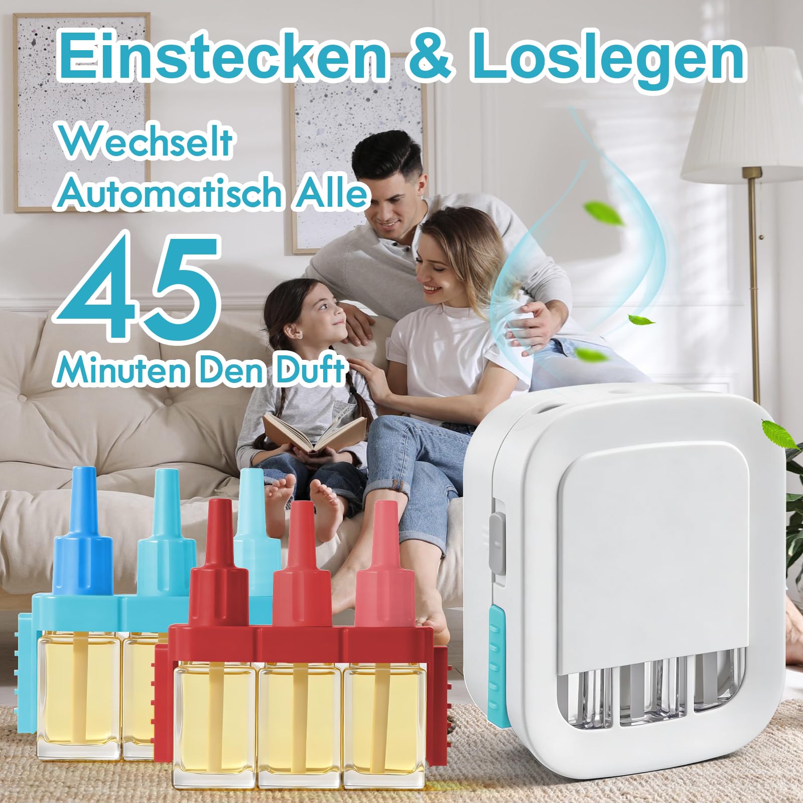 Désodorisant Électrique, 8 Recharges de 20ml avec 3 Parfums en Alternance, Combat les Odeurs en Continu, Convient pour Febreze 3 Evolution - Lin, Coton, Océan, Framboise, Jasmin, Baies