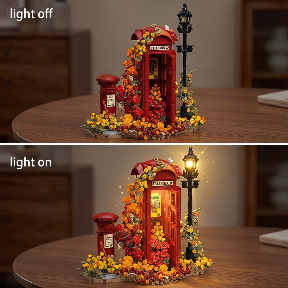 London Retro Red Telephone Booth Architecture Set with LED Lighting, Creative Flores Phone Box for The Office and Home Set, Adult Collector Decor 1142pcs