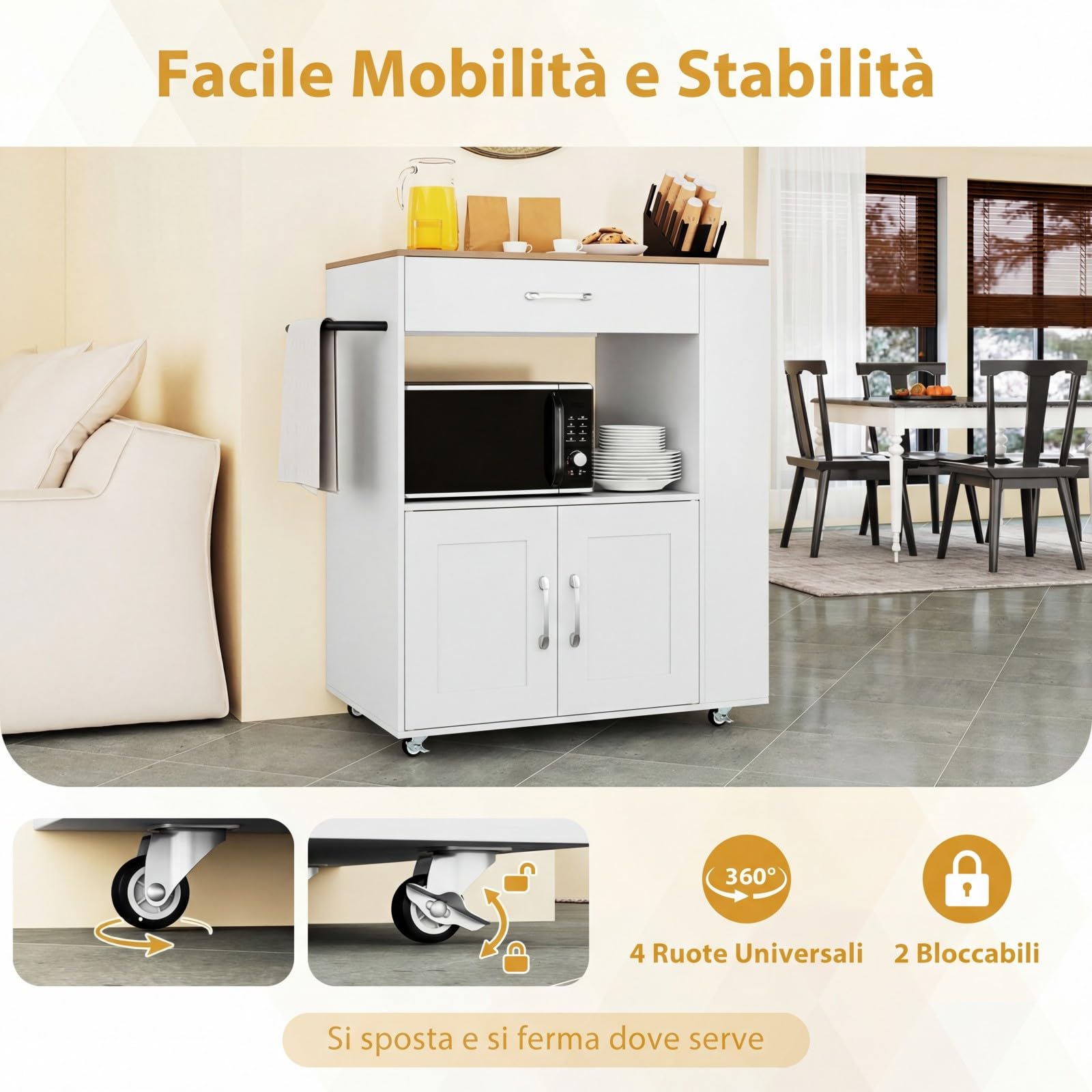 COSTWAY Carrello da Cucina con Ruote, Isola da Cucina con 3 Portaspezie 1 Cassetto Armadietto a 2 Porte, Carrello Portaoggetti con Portasciugamani, 82x46x92 cm (Bianco, con presa)