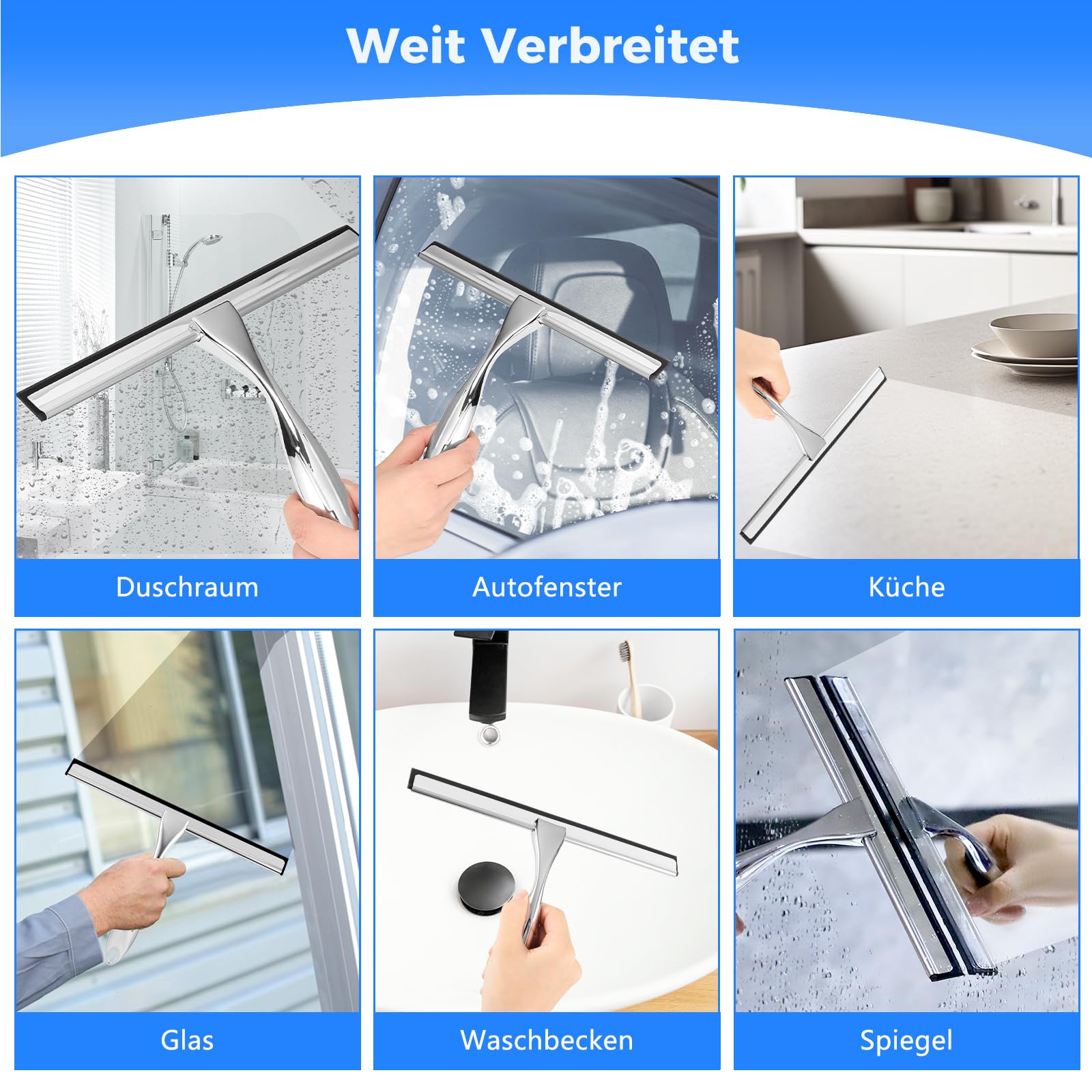 wlich Douchewisser, trekker, douche, roestvrij staal, 12 inch, streepvrije raamwisser voor douche met houder, raamwisser voor badkamer, raam, spiegel, autoruiten