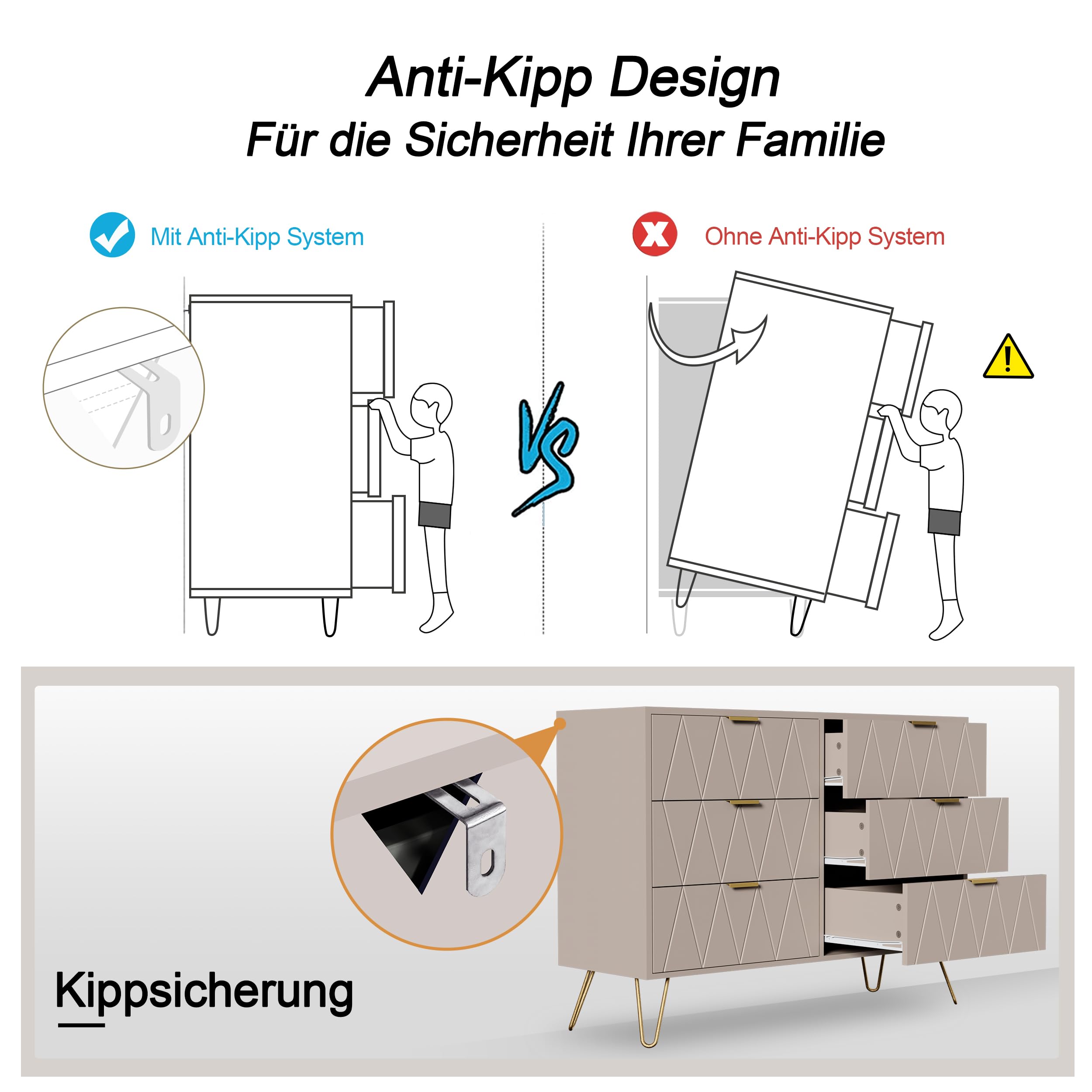 UEV Kommode mit 6 Schublanden 100x34x73cm Aufbewahrungsschrank (Moka)