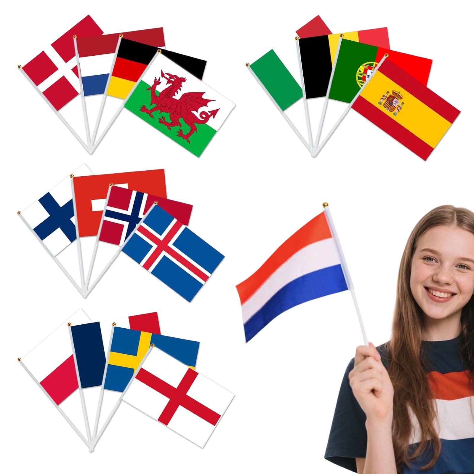 Banderas de 16 Naciones en Palo para Decoración de Fútbol Europeo Femenino 2025, Banderitas de 14 x 21 cm, Fiestas, Eventos y Celebraciones Deportivas