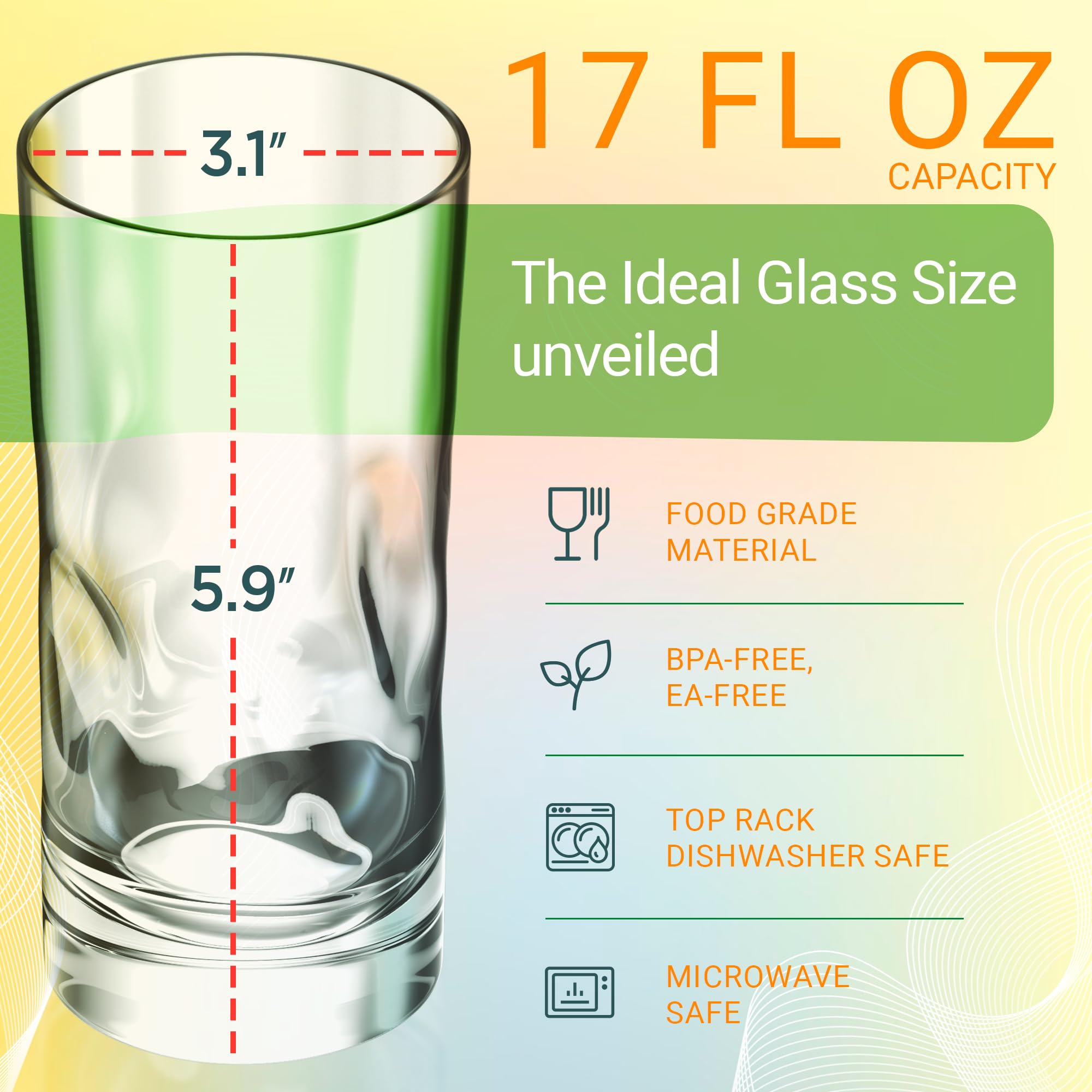 Bravario Vasos de plástico irrompibles de 17 onzas, aptos para lavavajillas, inastillables, 100% tritan, sin BPA, reutilizables, para exteriores, juego de 6
