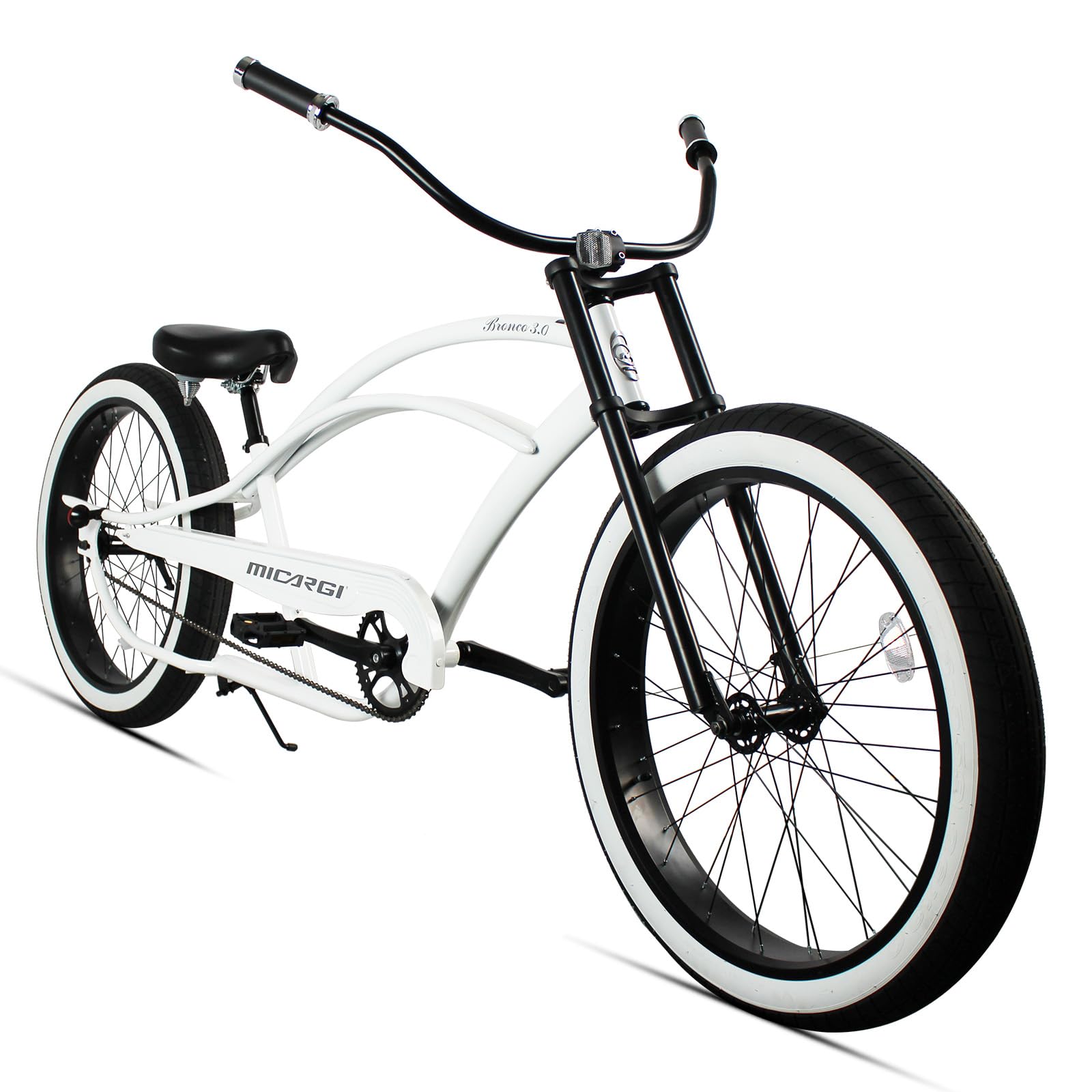 MICARGI Bronco 3.0 Mens Cruiser Bicycles 26/29 inch Long Beach Cruiser Bike with Coaster Brakes Front/Rear White Wall Tires/Black Ties