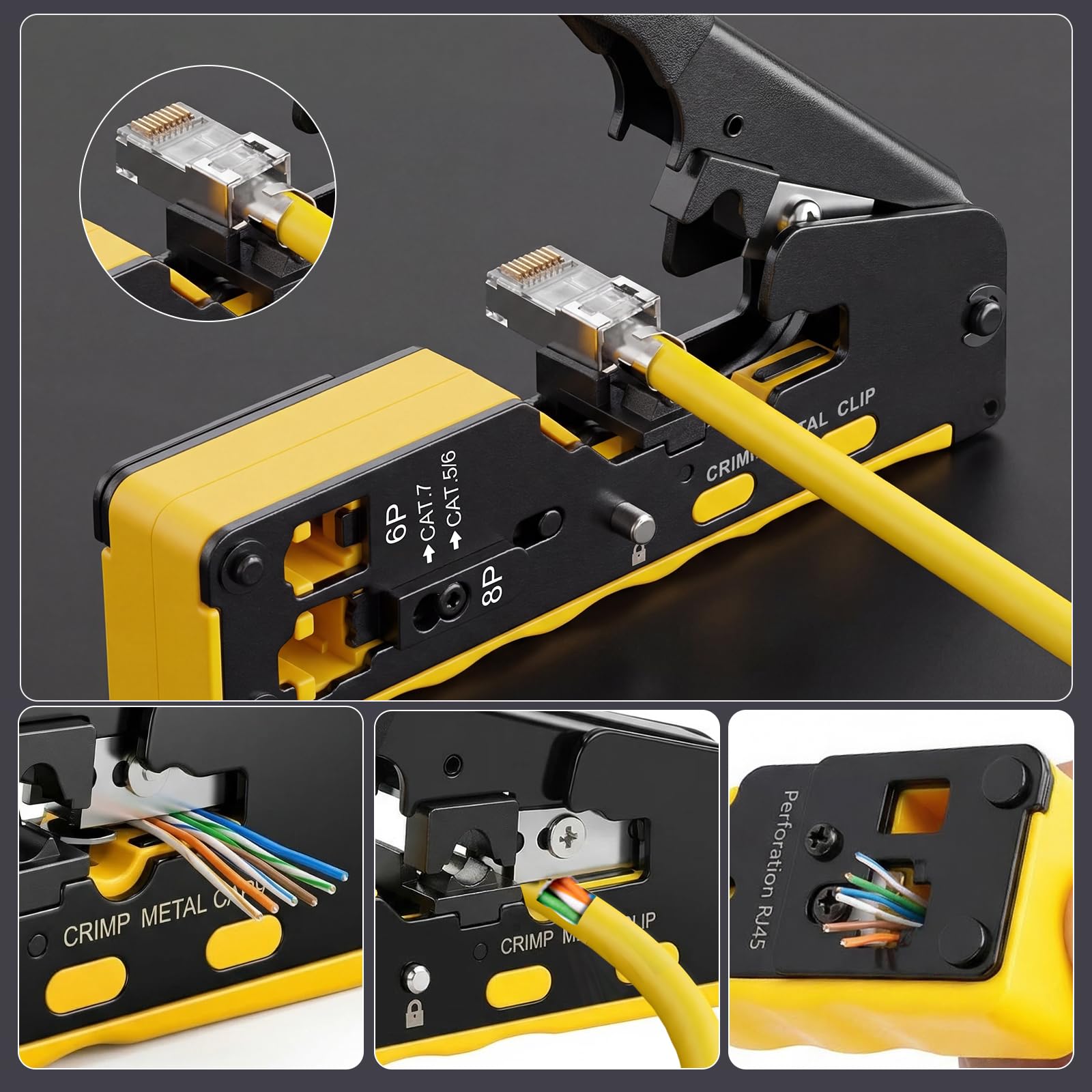 Juego de herramientas de red RJ45 con pinza de engarce, 20 x conector RJ45 Cat7/Cat6a, probador de red, herramienta de colocación LSA, pelacables, 100 x bridas de nylon, herramientas