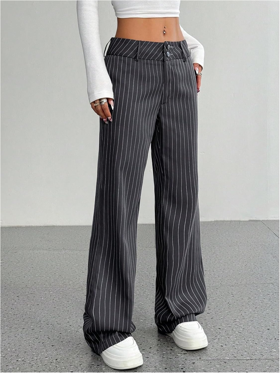 Floerns Women's Pinstripe Striped Low Waist Dressy Pants Straight Leg Casual Office Trousers - Image 4