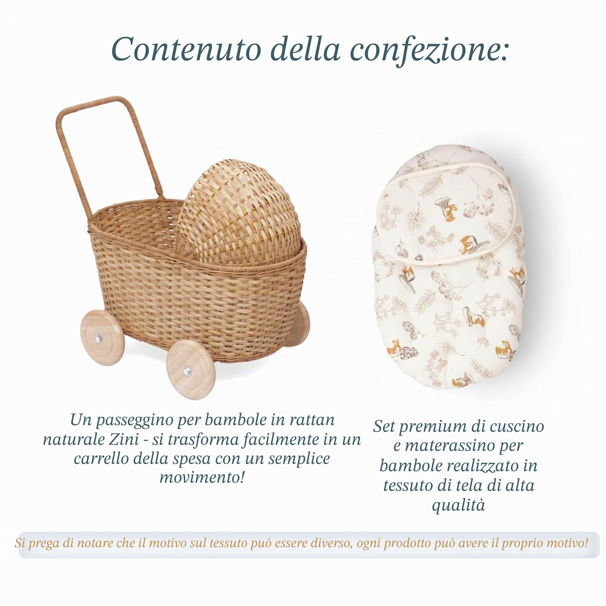 GON Stroller – Passeggino per bambole 3 in 1 in rattan, carrello della spesa e carrello per bambini | Passeggino intrecciato a mano in materiali naturali con cuscino e materasso, carrello per bambole