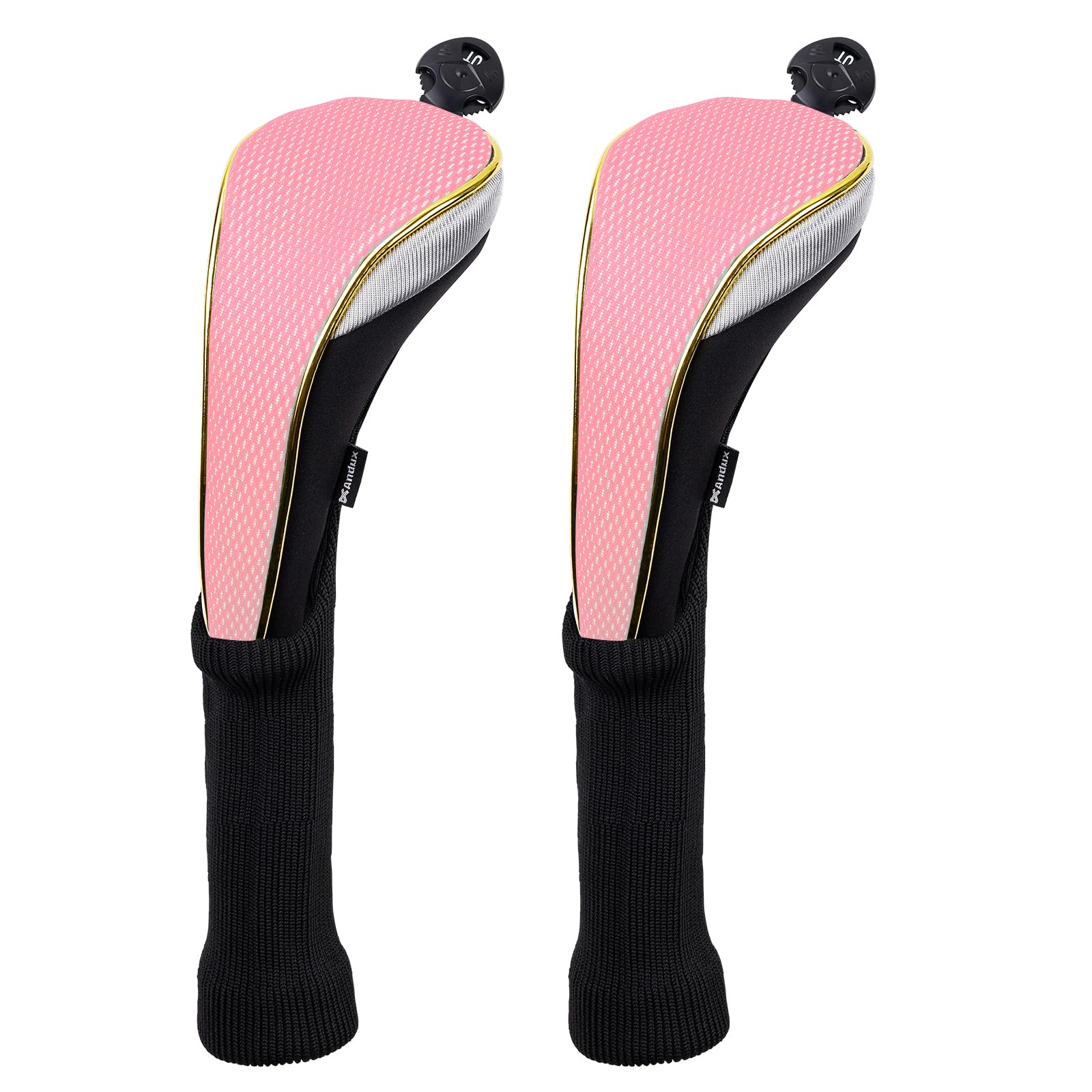 Andux 2Pcs/Set Long Neck Gold Golf Hybrids Club Head Covers with Dial No. Tag MT/HY13 (Pink)