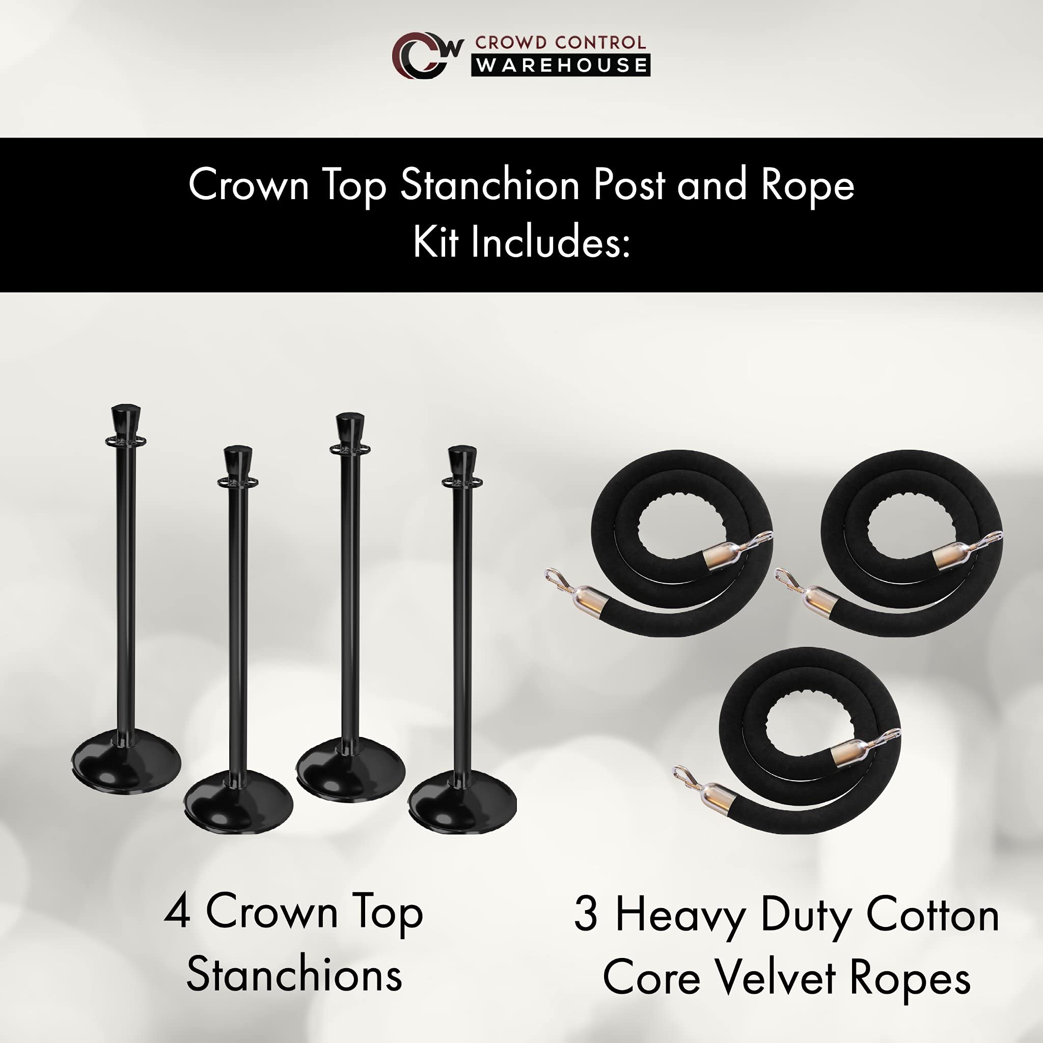 CCW Post and Rope Stanchion Kit with 4 Satin Brass Crown Top Posts and 3 Gray Heavy Duty Velvet Cotton Core Ropes (6ft.Each) in Satin Brass Snap Ends