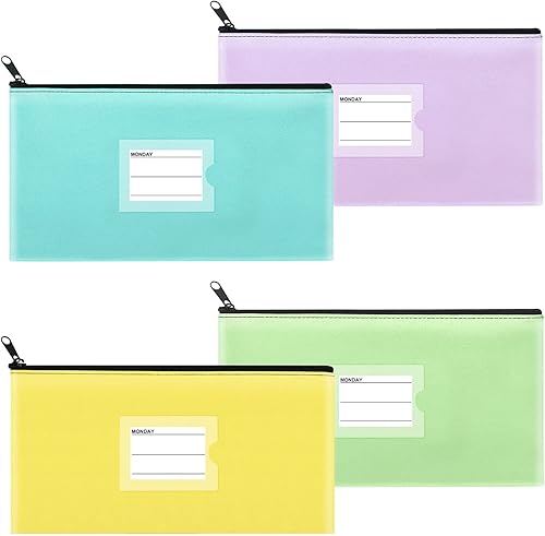 Sinzip Paquete de 4 bolsas de dinero para depósito bancario cartera de seguridad con cremallera de cuero sintético resistente con ventana