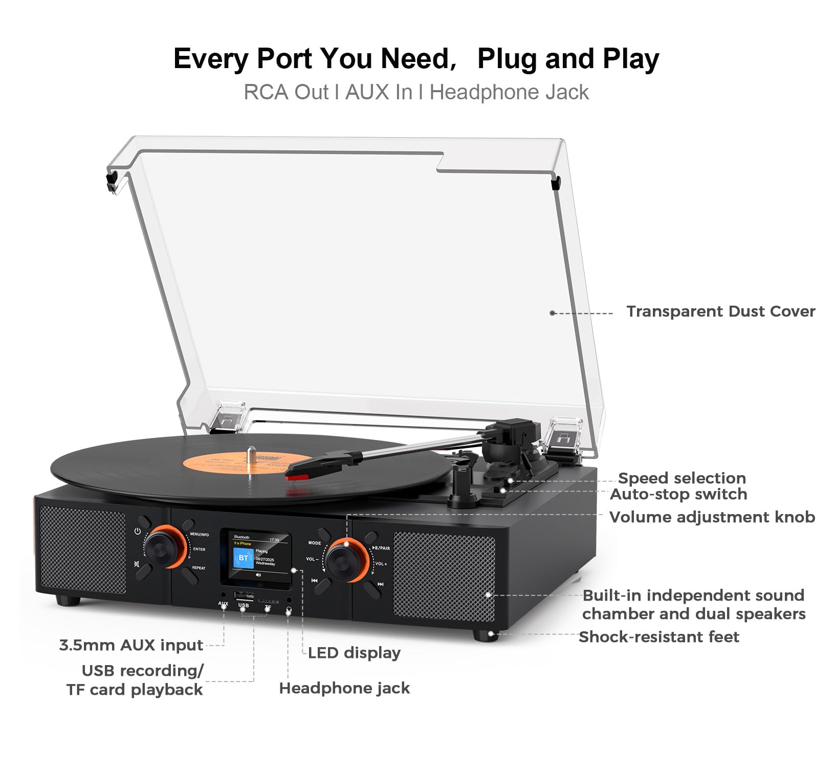 Giradischi in vinile con altoparlanti integrati, giradischi Bluetooth con trasmissione a cinghia a 3 velocità con display LCD, riproduzione USB, orologio, RCA, AUX e jack per cuffie, grigio