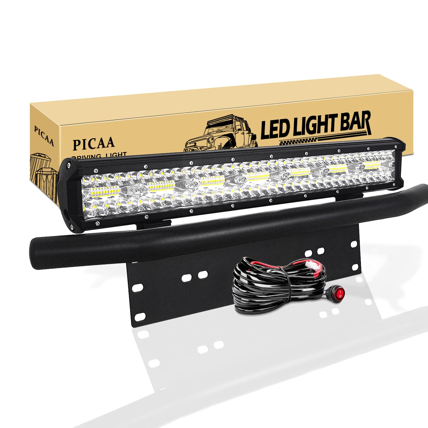 PICAA Samochodowa listwa świetlna LED, 50 cm, trójrzędowa 8D 420 W LED światła robocze lampa barowa światło z numerem licencyjnym, płyta zderzaka, wspornik montażowy, 12 V, zestawy okablowania do