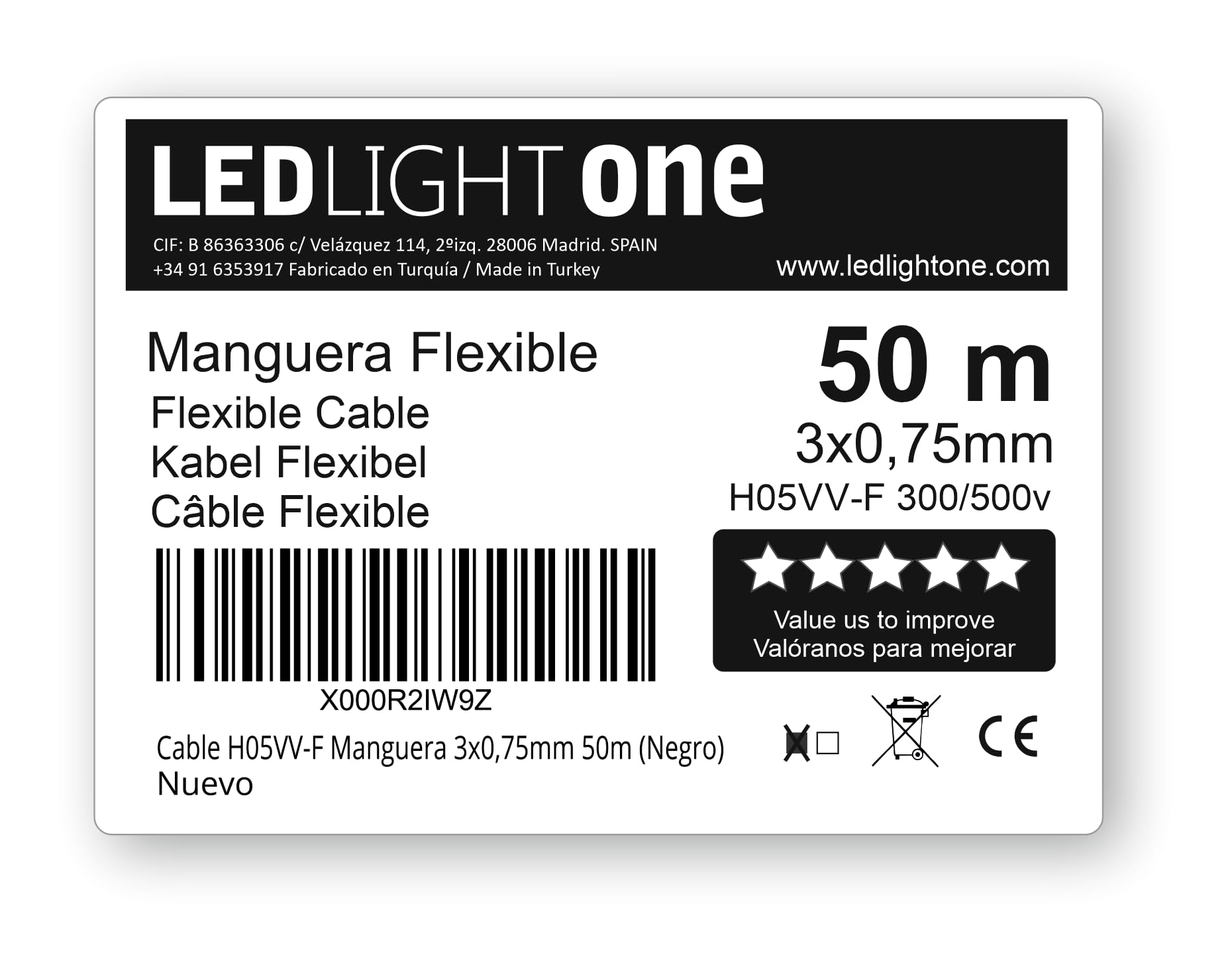 H05VV-F - Cavo flessibile, 3 x 0,75 mm, 50 m, nero Tensione di esercizio: 500v Temperatura massima di esercizio 70º. Cavi per installazioni fisse e mobili in ambienti domestici e uffici.