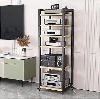 Audio Video Media Cabinet with Adjustable Shelves and Wheels for Small Space Entertainment Storage.Black,1,6 Tier,50cm Wide