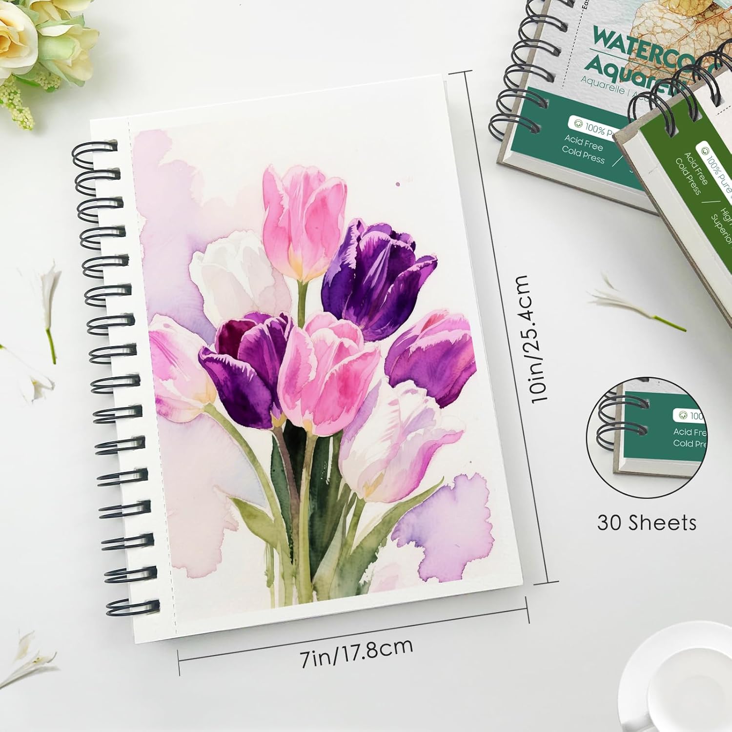 KOVIEDE 100% Cotton Watercolor Paper Pad 3 Pack (90 Sheets) Cold Press 140lb/300gsm Spiral Bound Watercolor Sketchbook, Artist Quality Art Journal Supplies (Bird-3 Pack, 7"x10")
