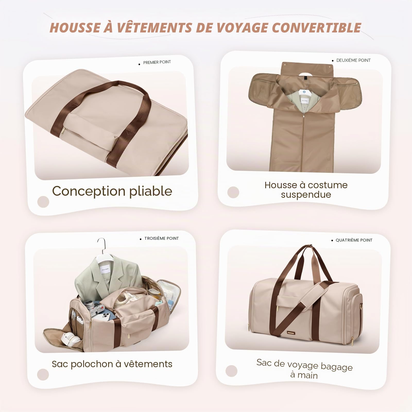 Sac à Costumes 2 en 1, Sac de Voyage Pliable Cabine 48L Imperméable, Taille Idéale pour Avion, Multifonctionnel avec Rangement Sec/Humide pour Hommes et Femmes, pour Affaires et Loisirs,Amande