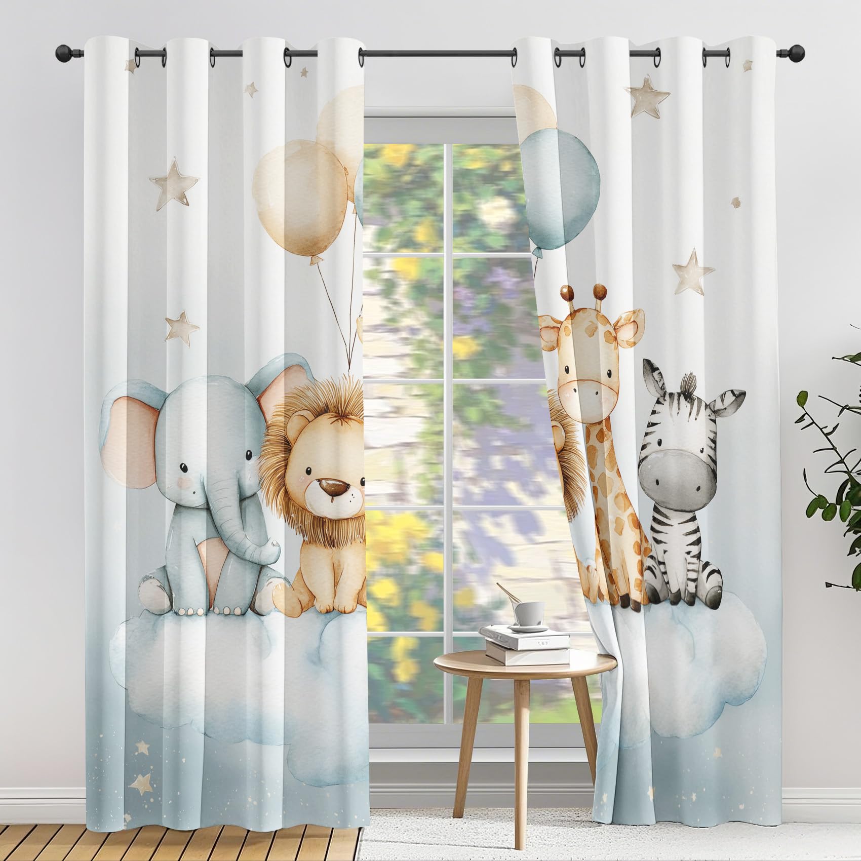 Generisch Niedliche Tiere Vorhang, Löwe Elefant Zebra Giraffe Deko Vorhänge mit ösen, Gardinen Blickdicht 2er Set, Thermovorhang Kälteschutz für Schlafzimmer Wohnzimmer H 225 x B 140