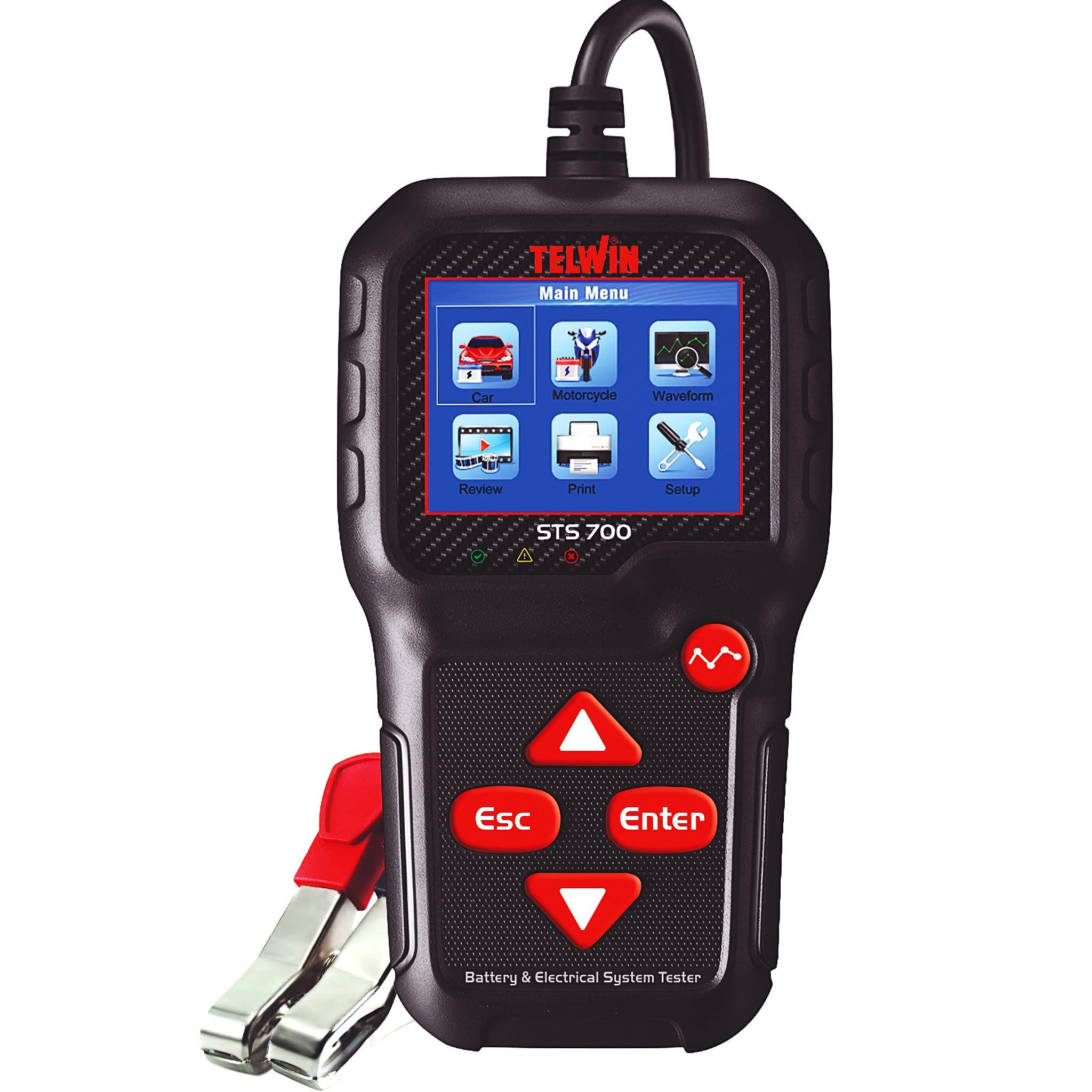 Comprobador de Baterías de coche y moto profesional. Tester digital para la comprobación de la batería, de la capacidad de arranque (CCA), sistema de arranque y circuito alternador del vehículo.