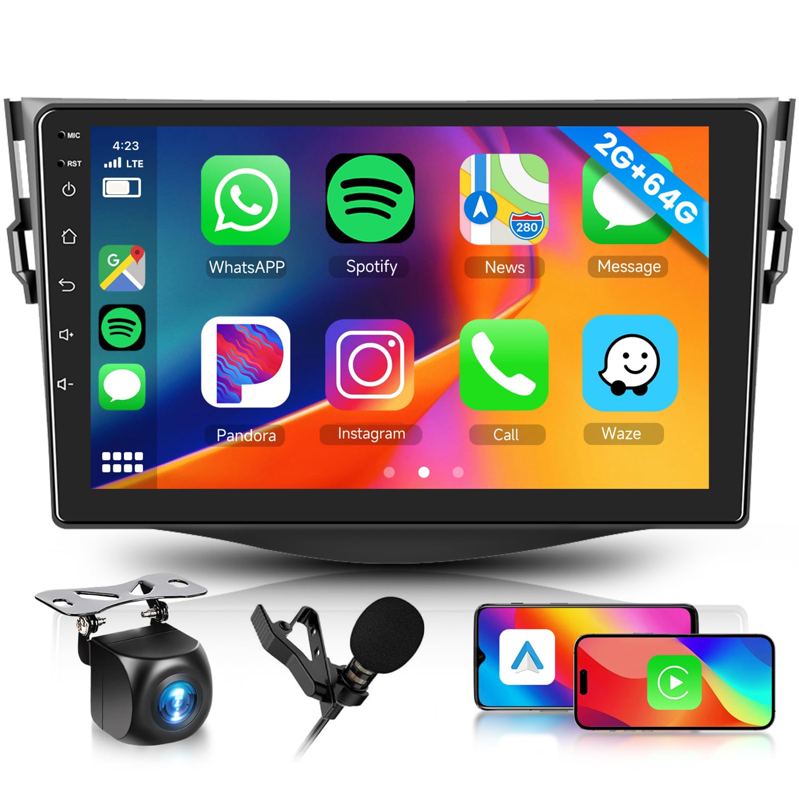 2GB 64GB Android Autoradio per Toyota RAV4 2007-2012 Wireless Carplay Android Auto, Hodozzy 9 Pollici Touch Screen Stereo, GPS Navigatore WiFi Bluetooth FM/RDS Retromarcia 2 Din Radio per Toyota RAV4